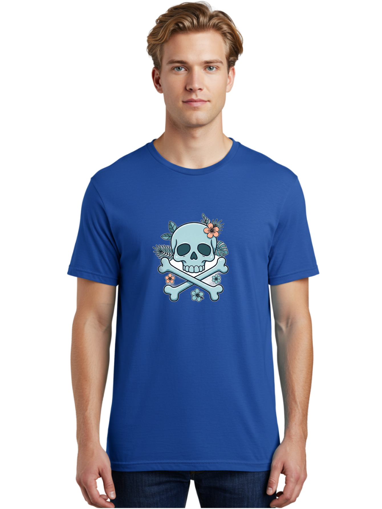 Floral-Skull Men'S Graphic Tee, 100% Cotton, Comfortable Casual Summer Wear, Machine Washable, Skull And Crossbones, Jolly Roger, Pirate Symbol, Floral Design, Colorful Tattoo Art, Gothic Decoration, Crossbones With Flowers, Flower Skull, Bae451