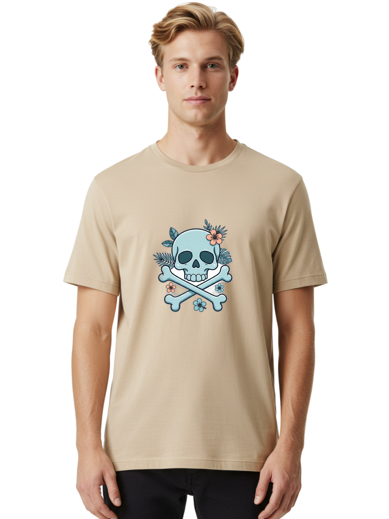 Floral-Skull Men'S Graphic Tee, 100% Cotton, Comfortable Casual Summer Wear, Machine Washable, Skull And Crossbones, Jolly Roger, Pirate Symbol, Floral Design, Colorful Tattoo Art, Gothic Decoration, Crossbones With Flowers, Flower Skull, Bae451