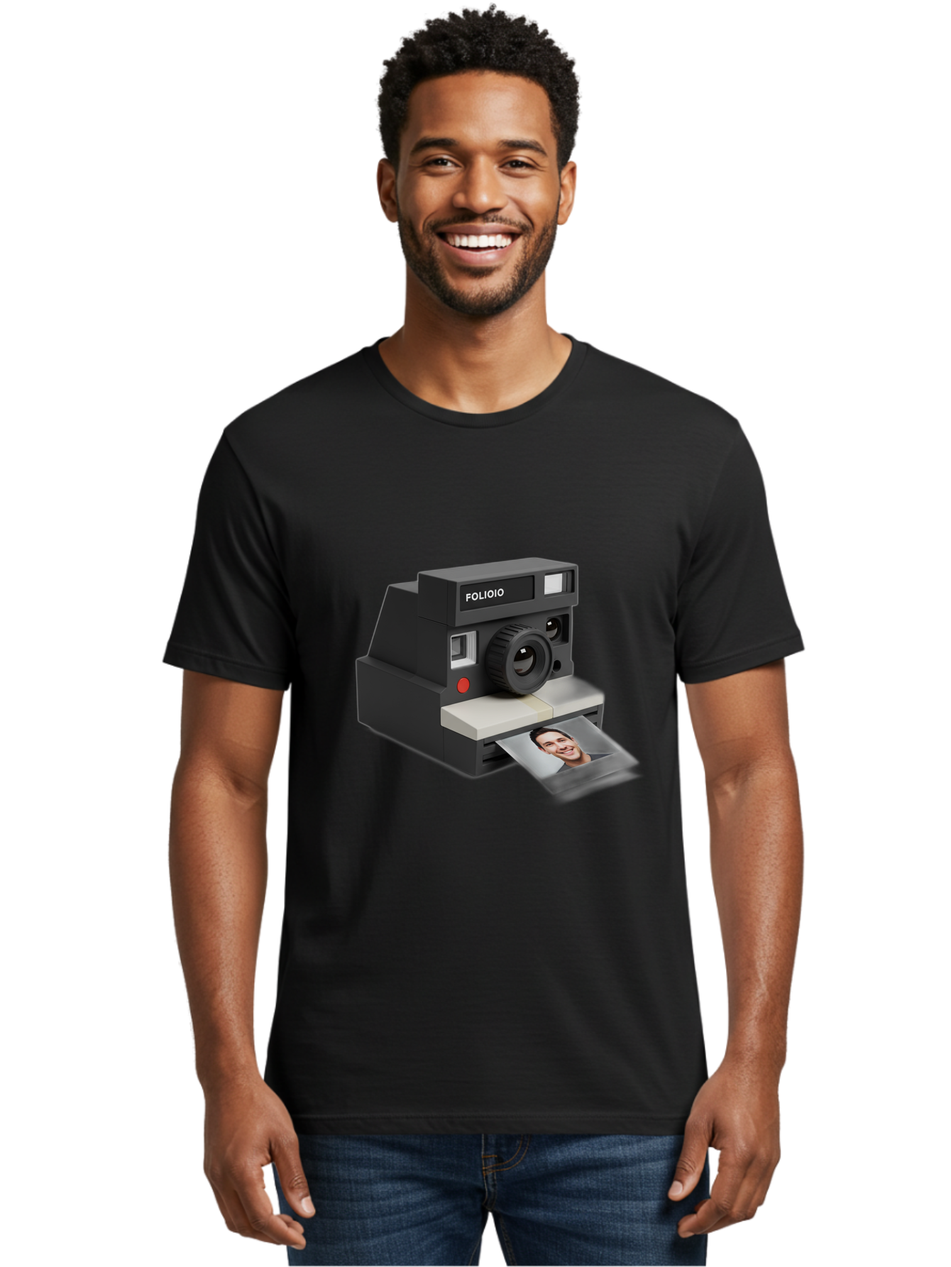 Folioio-Polaroid-Camera Men'S Graphic Tee, 100% Cotton, Comfortable Casual Summer Wear, Machine Washable, Instant Camera, Folioio Brand, Printing Photo, Smiling Woman, Instant Photography, Retro Style, Digital Print, Camera Technology Bae452