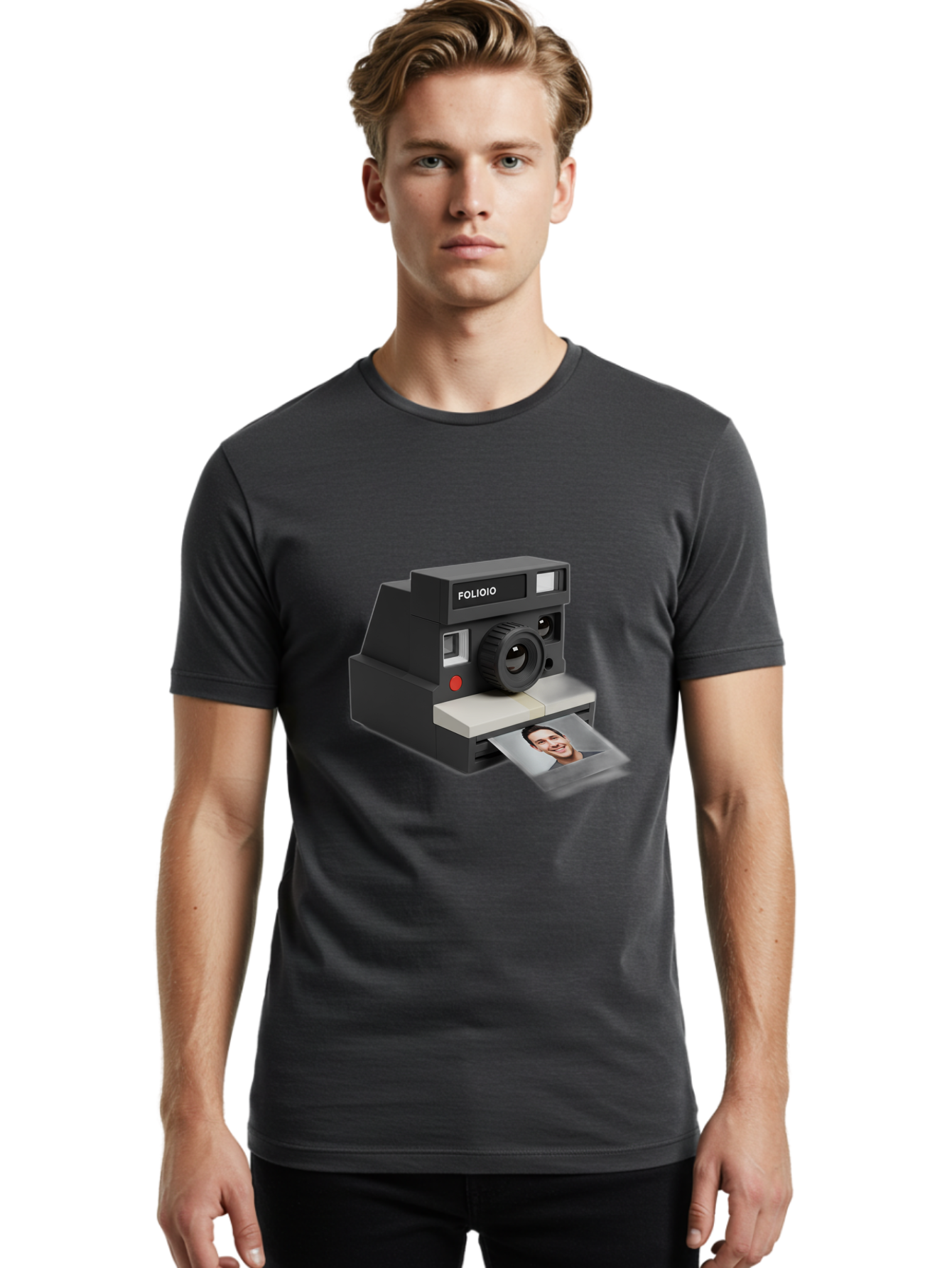 Folioio-Polaroid-Camera Men'S Graphic Tee, 100% Cotton, Comfortable Casual Summer Wear, Machine Washable, Instant Camera, Folioio Brand, Printing Photo, Smiling Woman, Instant Photography, Retro Style, Digital Print, Camera Technology Bae452