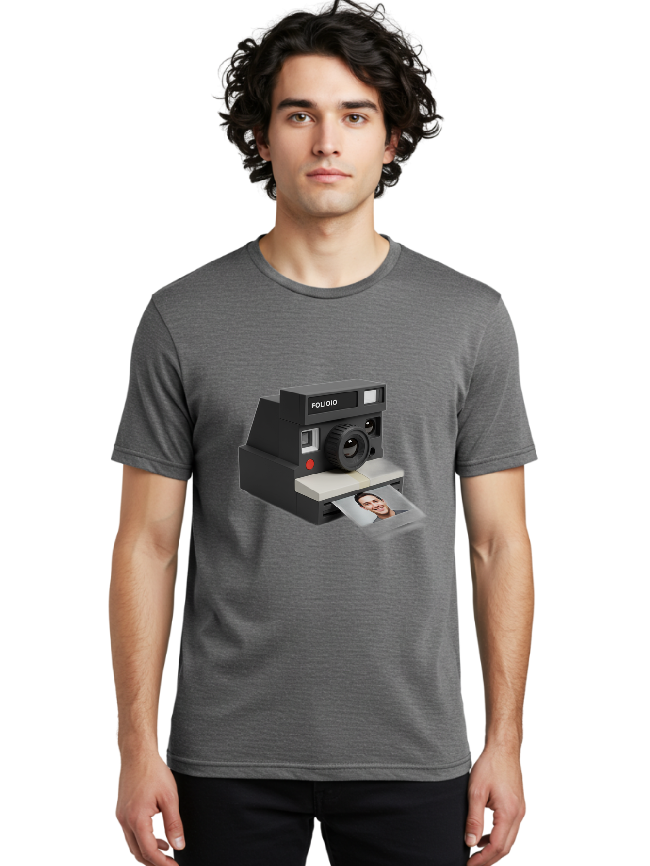 Folioio-Polaroid-Camera Men'S Graphic Tee, 100% Cotton, Comfortable Casual Summer Wear, Machine Washable, Instant Camera, Folioio Brand, Printing Photo, Smiling Woman, Instant Photography, Retro Style, Digital Print, Camera Technology Bae452