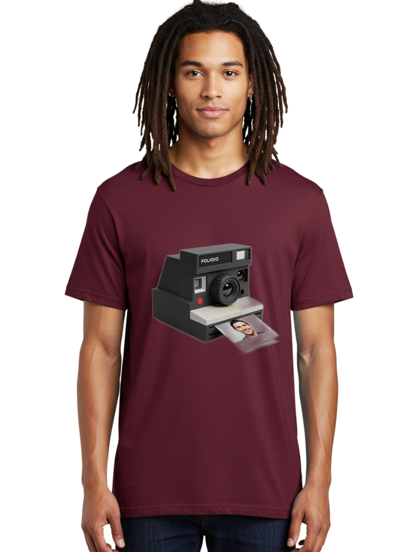 Folioio-Polaroid-Camera Men'S Graphic Tee, 100% Cotton, Comfortable Casual Summer Wear, Machine Washable, Instant Camera, Folioio Brand, Printing Photo, Smiling Woman, Instant Photography, Retro Style, Digital Print, Camera Technology Bae452