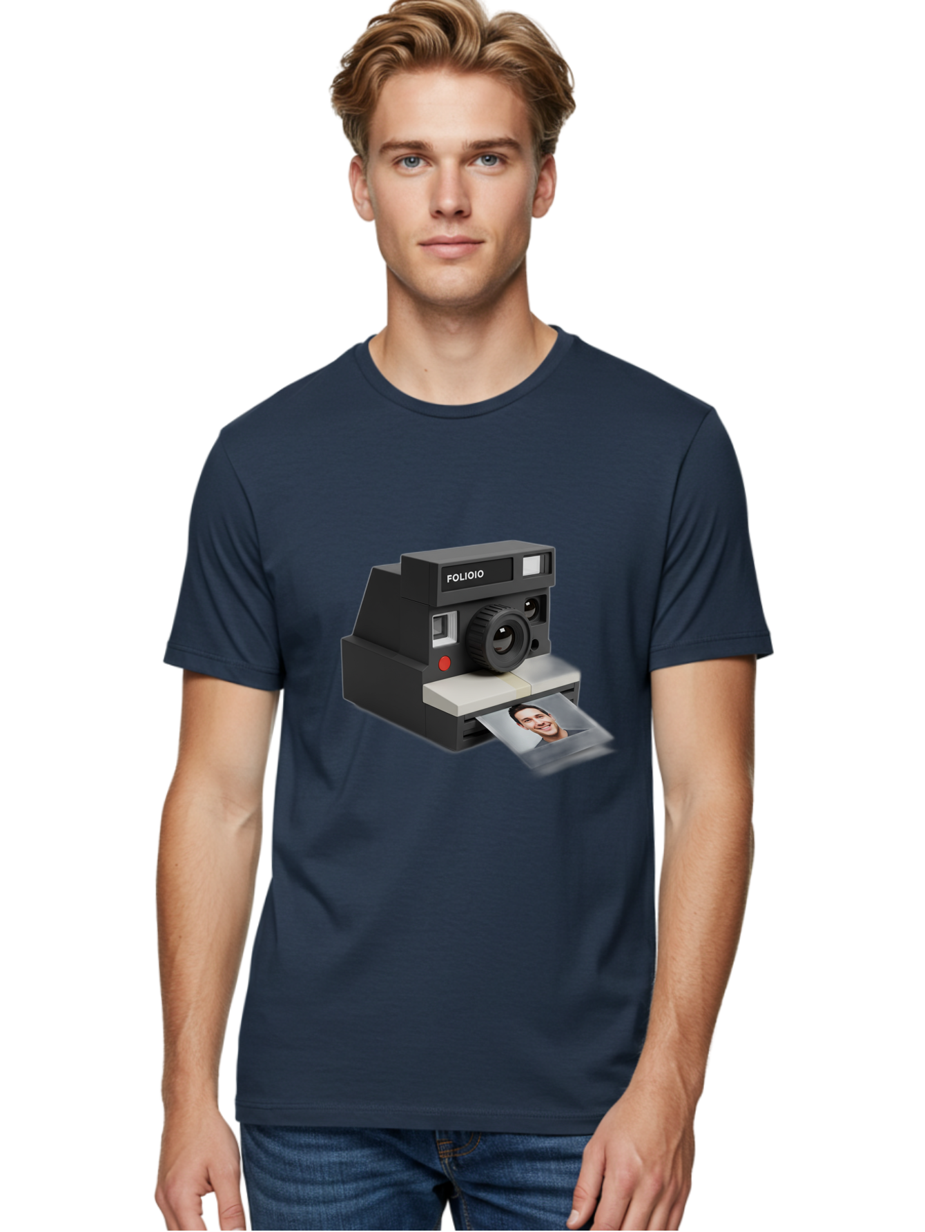 Folioio-Polaroid-Camera Men'S Graphic Tee, 100% Cotton, Comfortable Casual Summer Wear, Machine Washable, Instant Camera, Folioio Brand, Printing Photo, Smiling Woman, Instant Photography, Retro Style, Digital Print, Camera Technology Bae452