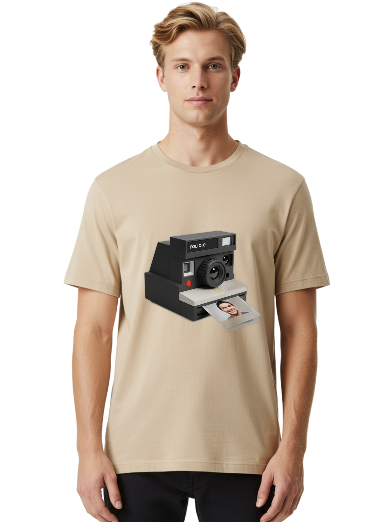 Folioio-Polaroid-Camera Men'S Graphic Tee, 100% Cotton, Comfortable Casual Summer Wear, Machine Washable, Instant Camera, Folioio Brand, Printing Photo, Smiling Woman, Instant Photography, Retro Style, Digital Print, Camera Technology Bae452