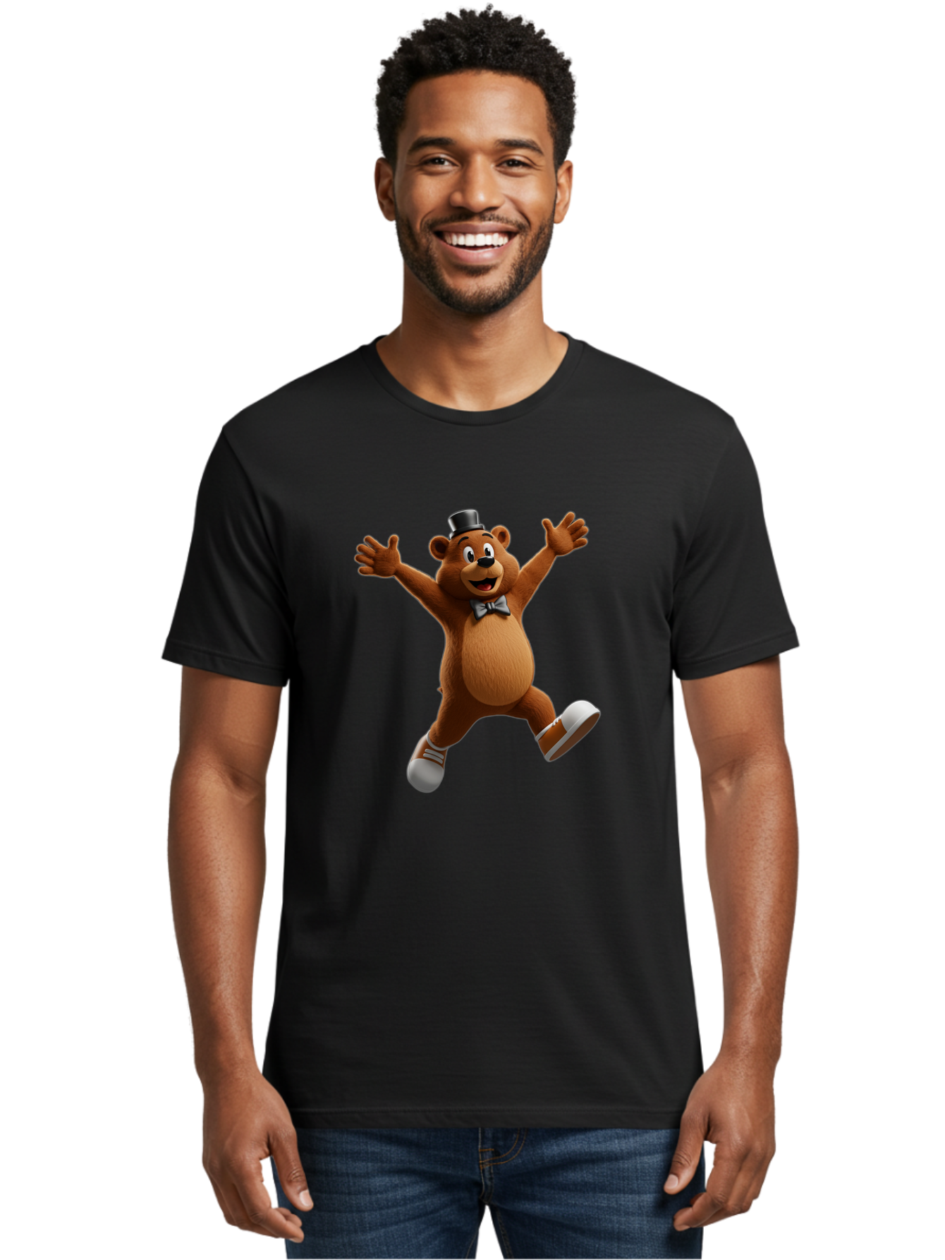Freddy-Fazbear Men'S Graphic Tee, 100% Cotton, Comfortable Casual Summer Wear, Machine Washable, Cartoon Bear, Dancing Bear, Top Hat, Bow Tie, White Shoes, Playful Expression, Energetic Pose, Animated Character, 3D Rendering, Fun, Lively, Bae453