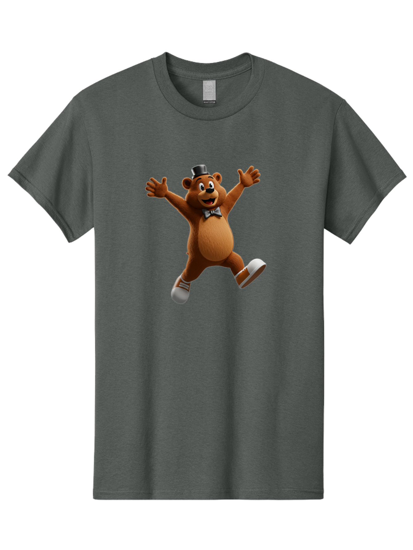 Freddy-Fazbear Men'S Graphic Tee, 100% Cotton, Comfortable Casual Summer Wear, Machine Washable, Cartoon Bear, Dancing Bear, Top Hat, Bow Tie, White Shoes, Playful Expression, Energetic Pose, Animated Character, 3D Rendering, Fun, Lively, Bae453