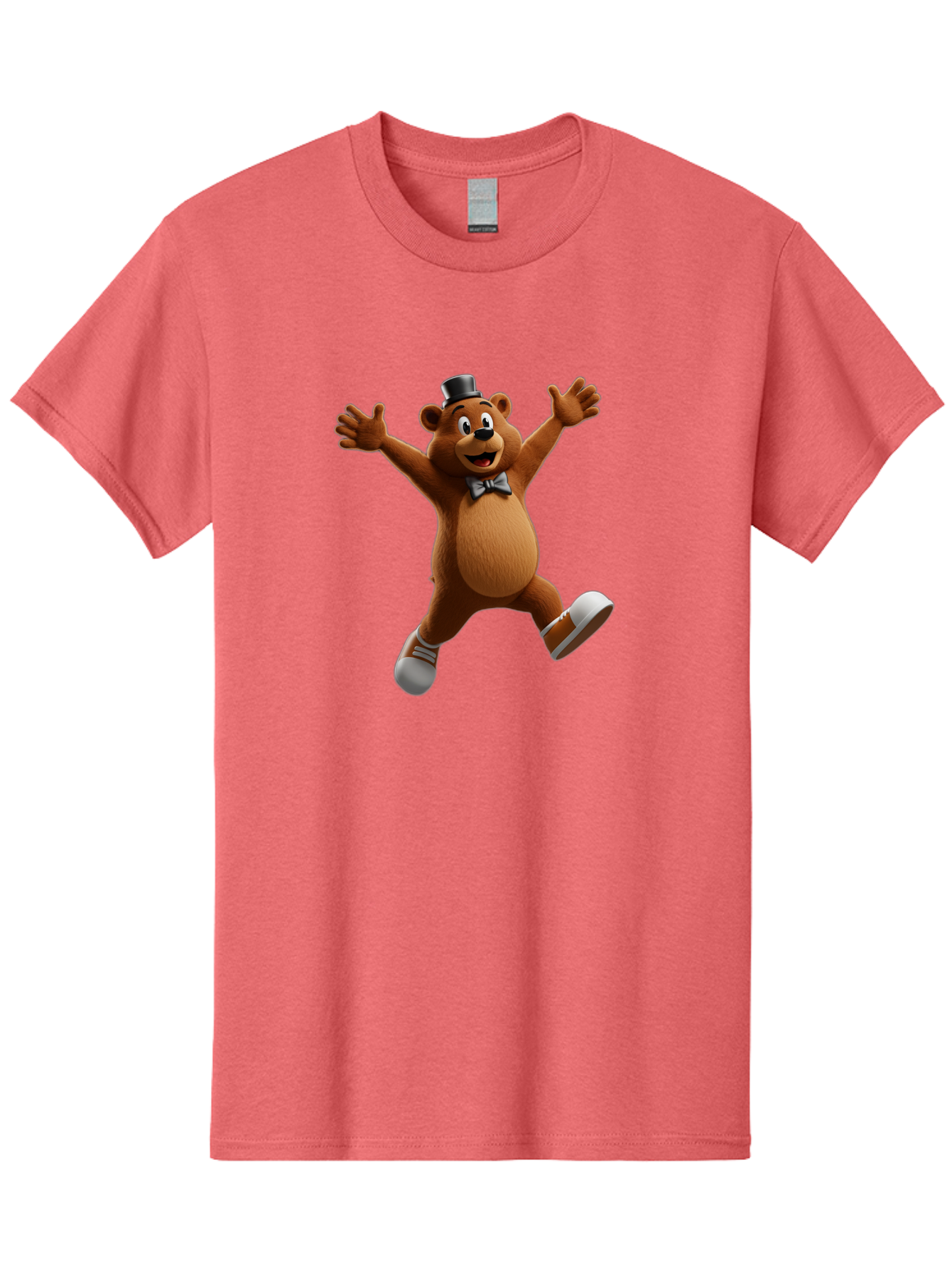 Freddy-Fazbear Men'S Graphic Tee, 100% Cotton, Comfortable Casual Summer Wear, Machine Washable, Cartoon Bear, Dancing Bear, Top Hat, Bow Tie, White Shoes, Playful Expression, Energetic Pose, Animated Character, 3D Rendering, Fun, Lively, Bae453