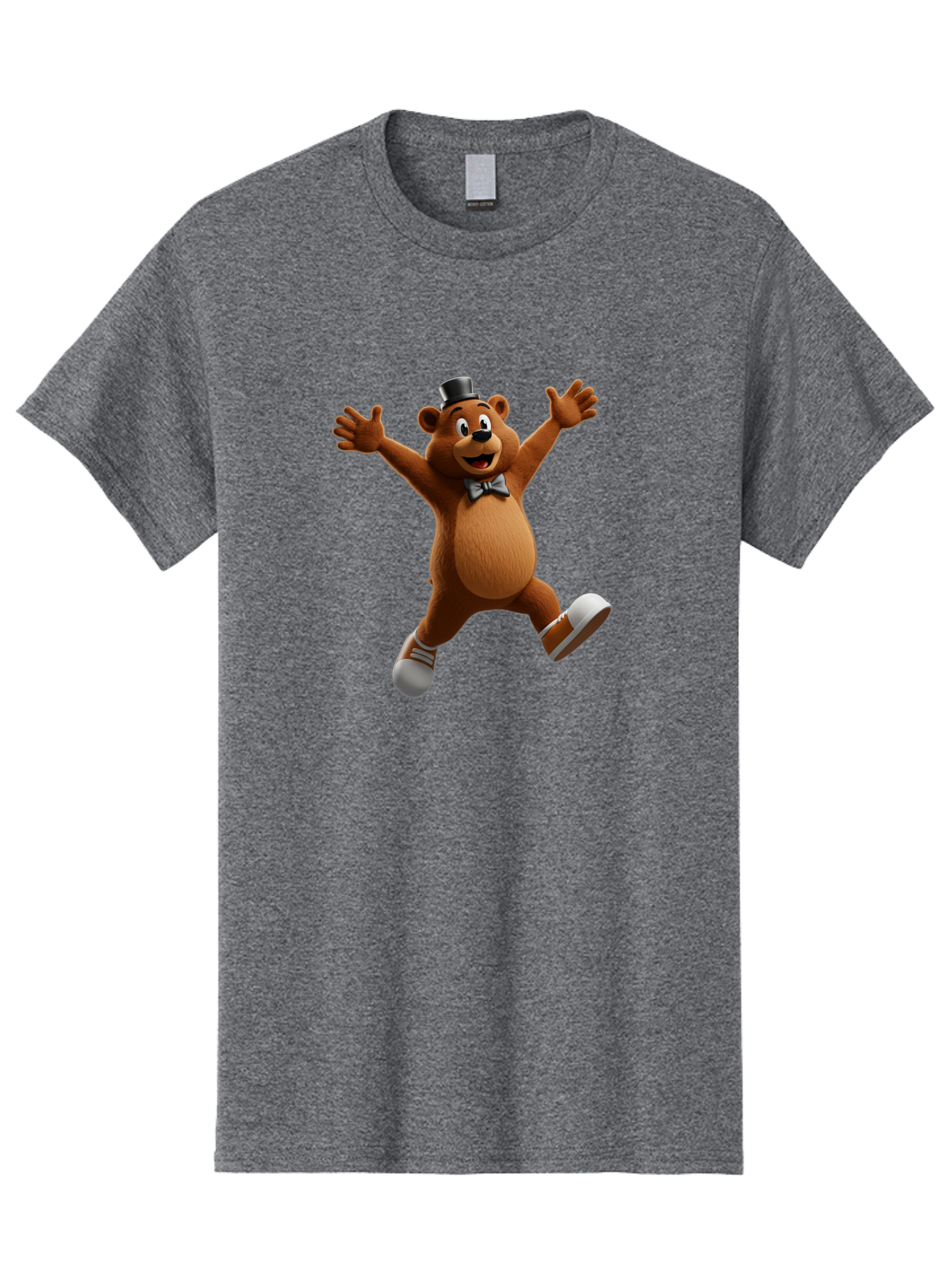 Freddy-Fazbear Men'S Graphic Tee, 100% Cotton, Comfortable Casual Summer Wear, Machine Washable, Cartoon Bear, Dancing Bear, Top Hat, Bow Tie, White Shoes, Playful Expression, Energetic Pose, Animated Character, 3D Rendering, Fun, Lively, Bae453