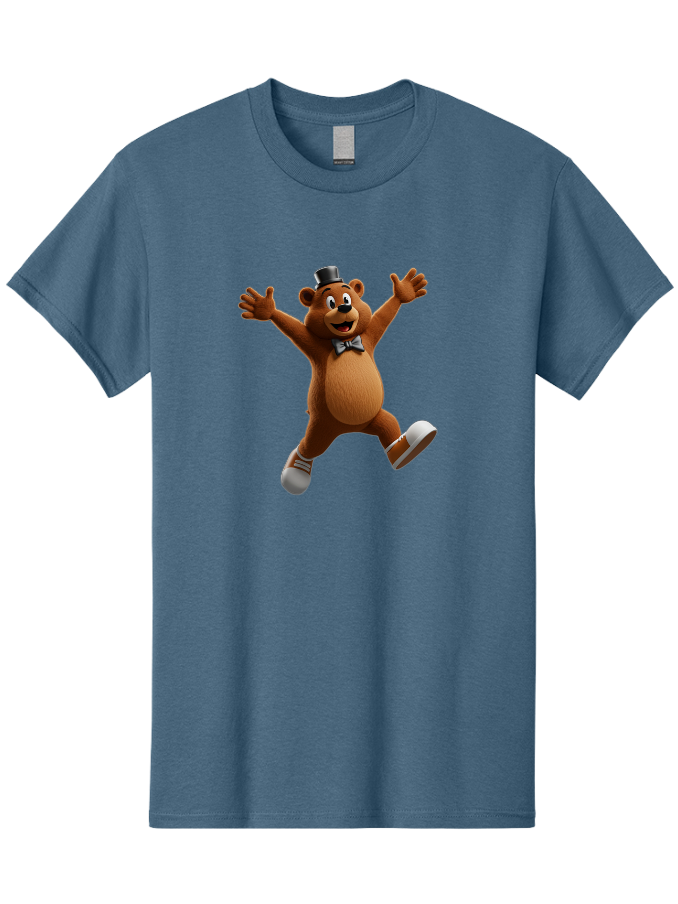 Freddy-Fazbear Men'S Graphic Tee, 100% Cotton, Comfortable Casual Summer Wear, Machine Washable, Cartoon Bear, Dancing Bear, Top Hat, Bow Tie, White Shoes, Playful Expression, Energetic Pose, Animated Character, 3D Rendering, Fun, Lively, Bae453