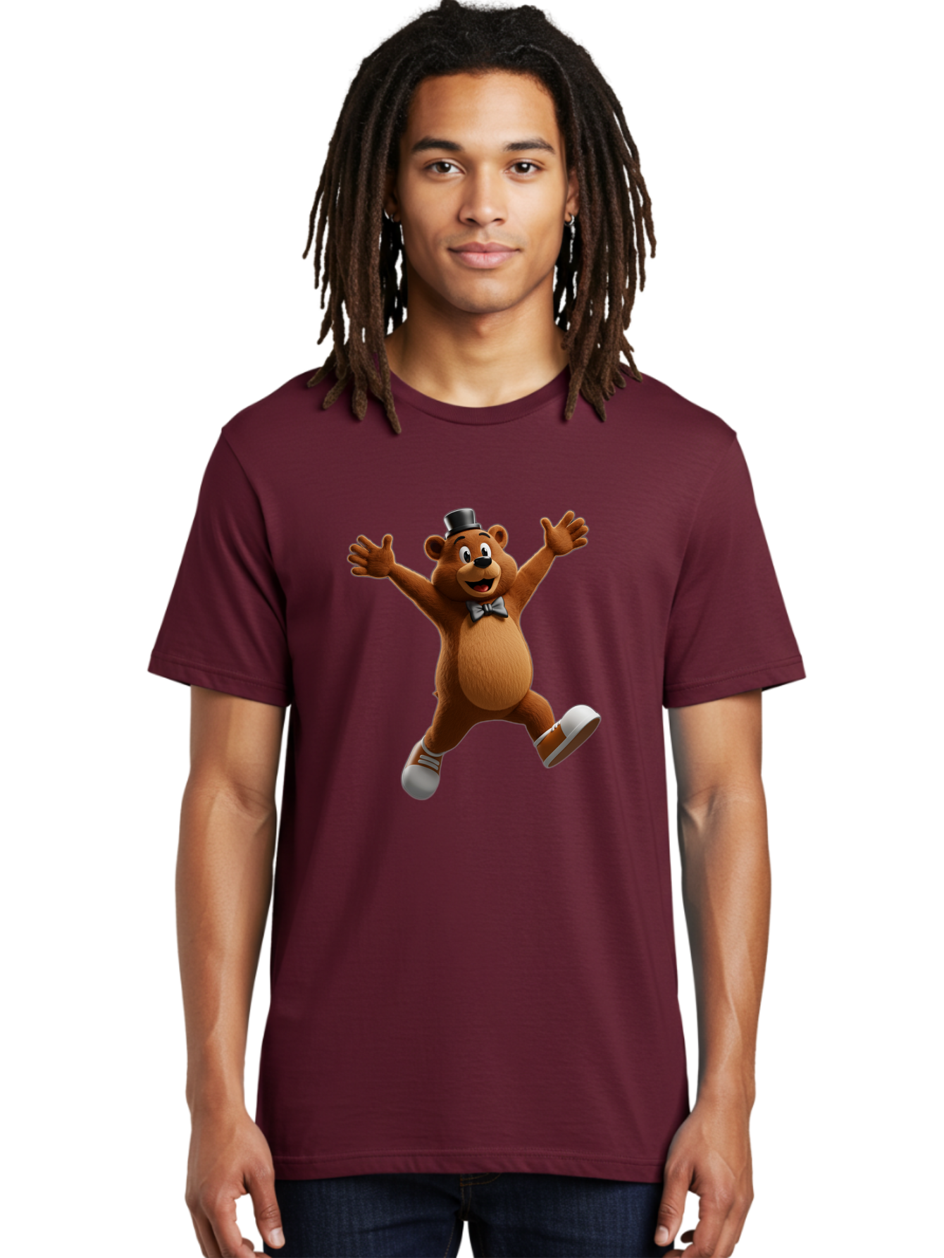 Freddy-Fazbear Men'S Graphic Tee, 100% Cotton, Comfortable Casual Summer Wear, Machine Washable, Cartoon Bear, Dancing Bear, Top Hat, Bow Tie, White Shoes, Playful Expression, Energetic Pose, Animated Character, 3D Rendering, Fun, Lively, Bae453
