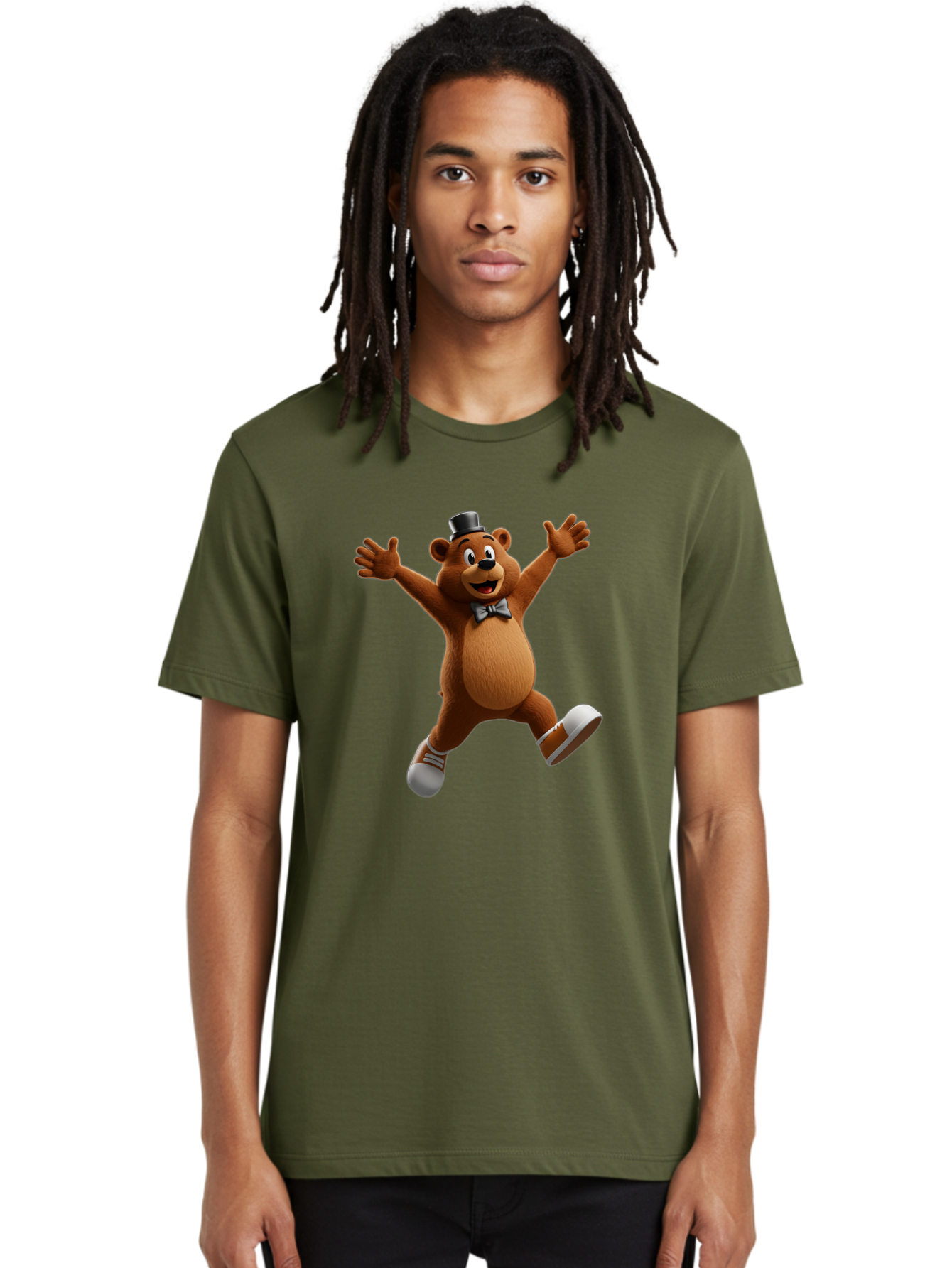 Freddy-Fazbear Men'S Graphic Tee, 100% Cotton, Comfortable Casual Summer Wear, Machine Washable, Cartoon Bear, Dancing Bear, Top Hat, Bow Tie, White Shoes, Playful Expression, Energetic Pose, Animated Character, 3D Rendering, Fun, Lively, Bae453