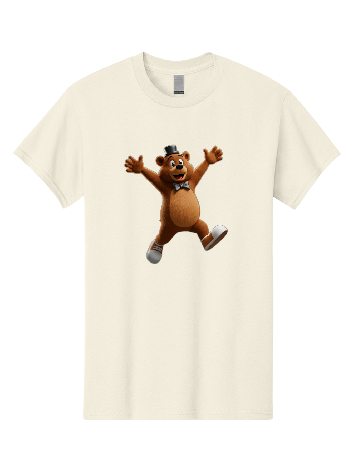 Freddy-Fazbear Men'S Graphic Tee, 100% Cotton, Comfortable Casual Summer Wear, Machine Washable, Cartoon Bear, Dancing Bear, Top Hat, Bow Tie, White Shoes, Playful Expression, Energetic Pose, Animated Character, 3D Rendering, Fun, Lively, Bae453