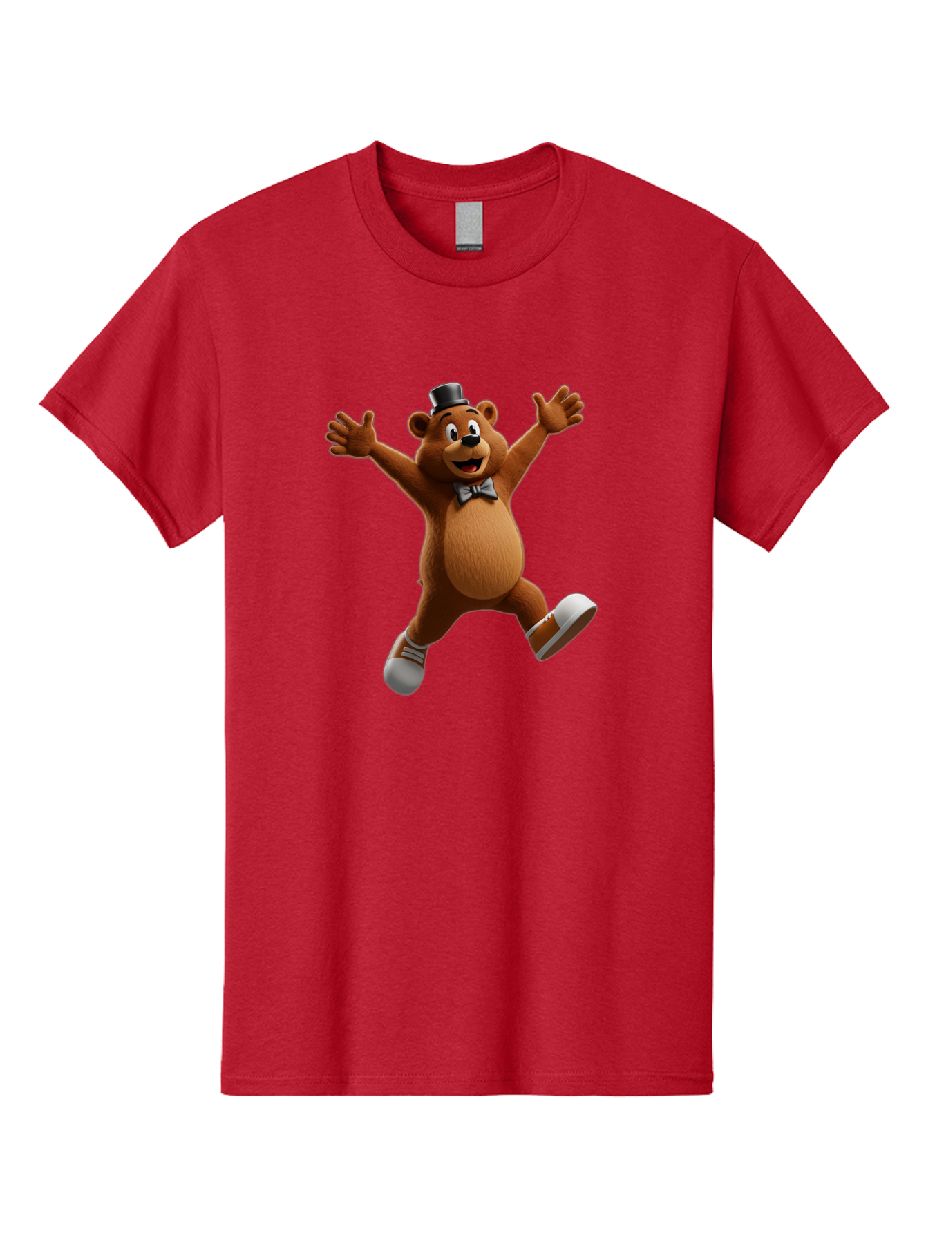 Freddy-Fazbear Men'S Graphic Tee, 100% Cotton, Comfortable Casual Summer Wear, Machine Washable, Cartoon Bear, Dancing Bear, Top Hat, Bow Tie, White Shoes, Playful Expression, Energetic Pose, Animated Character, 3D Rendering, Fun, Lively, Bae453