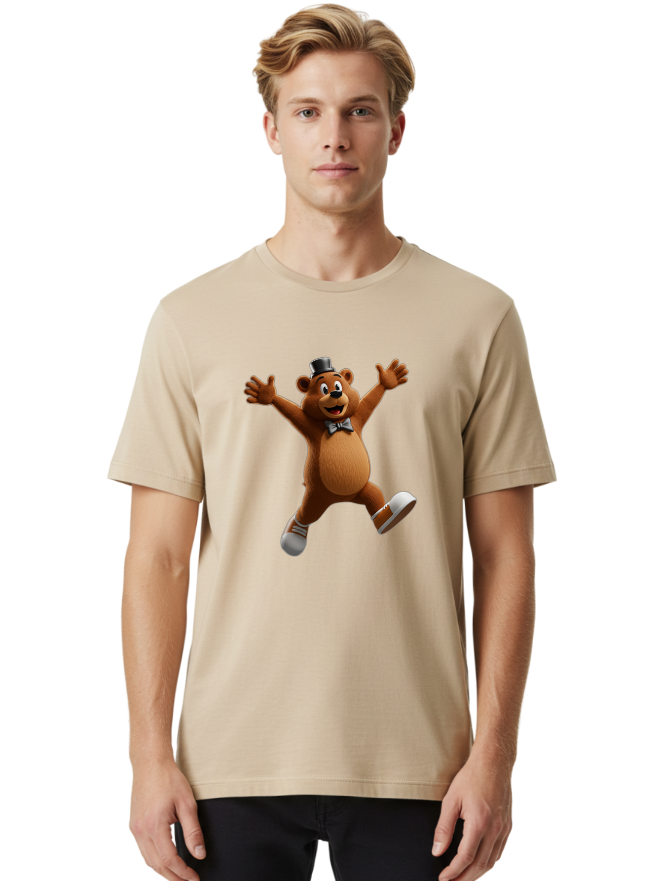 Freddy-Fazbear Men'S Graphic Tee, 100% Cotton, Comfortable Casual Summer Wear, Machine Washable, Cartoon Bear, Dancing Bear, Top Hat, Bow Tie, White Shoes, Playful Expression, Energetic Pose, Animated Character, 3D Rendering, Fun, Lively, Bae453