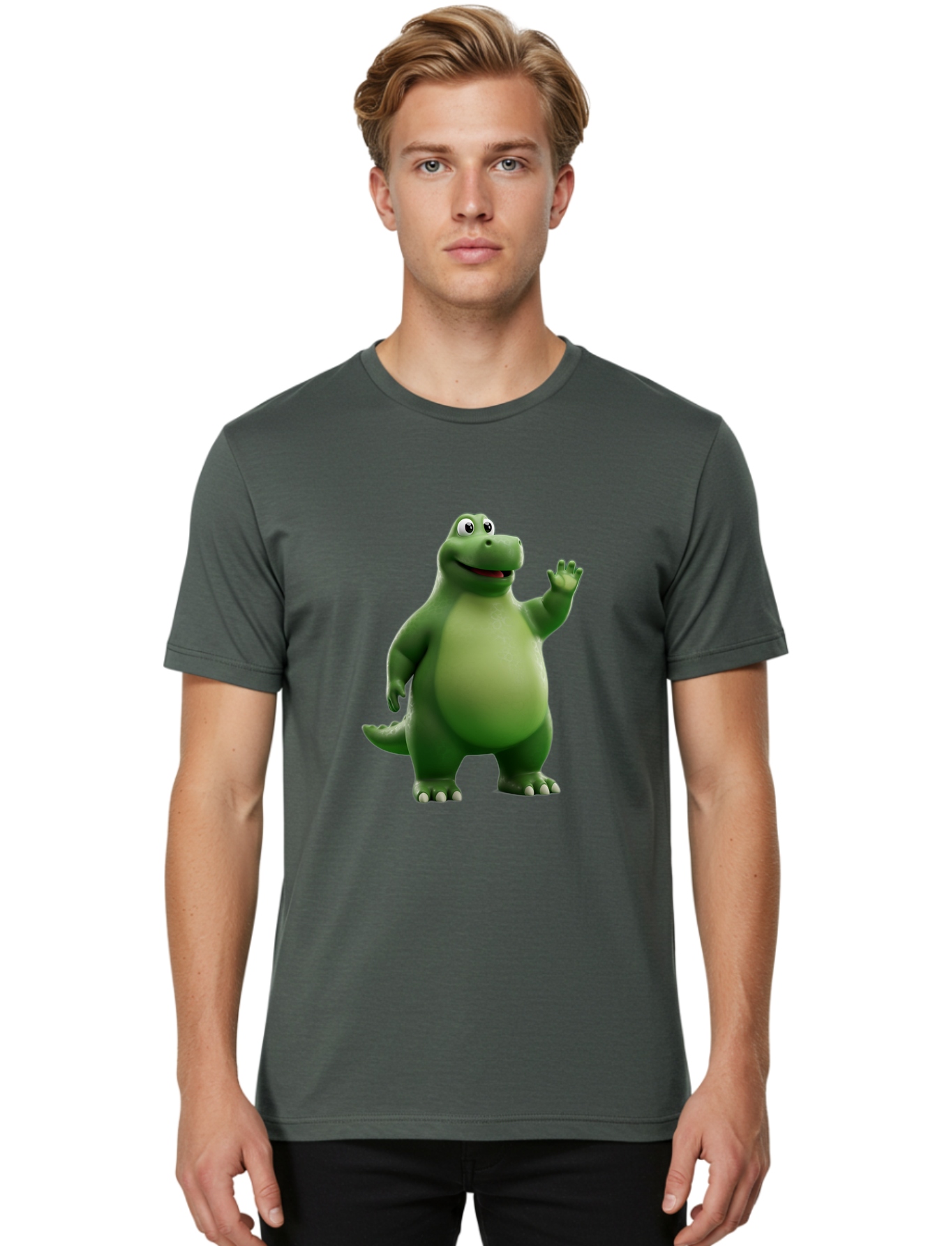 Friendly-Dinosaur Men'S Graphic Tee, 100% Cotton, Comfortable Casual Summer Wear, Machine Washable, Cartoon Dinosaur, Green Dinosaur Character, Friendly Dino, Animated Creature, Dinosaur Waving, Kids Cartoon Character, Dinosaur Illustration, Bae454