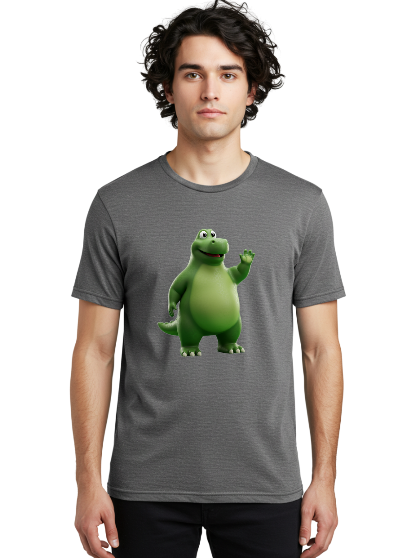 Friendly-Dinosaur Men'S Graphic Tee, 100% Cotton, Comfortable Casual Summer Wear, Machine Washable, Cartoon Dinosaur, Green Dinosaur Character, Friendly Dino, Animated Creature, Dinosaur Waving, Kids Cartoon Character, Dinosaur Illustration, Bae454