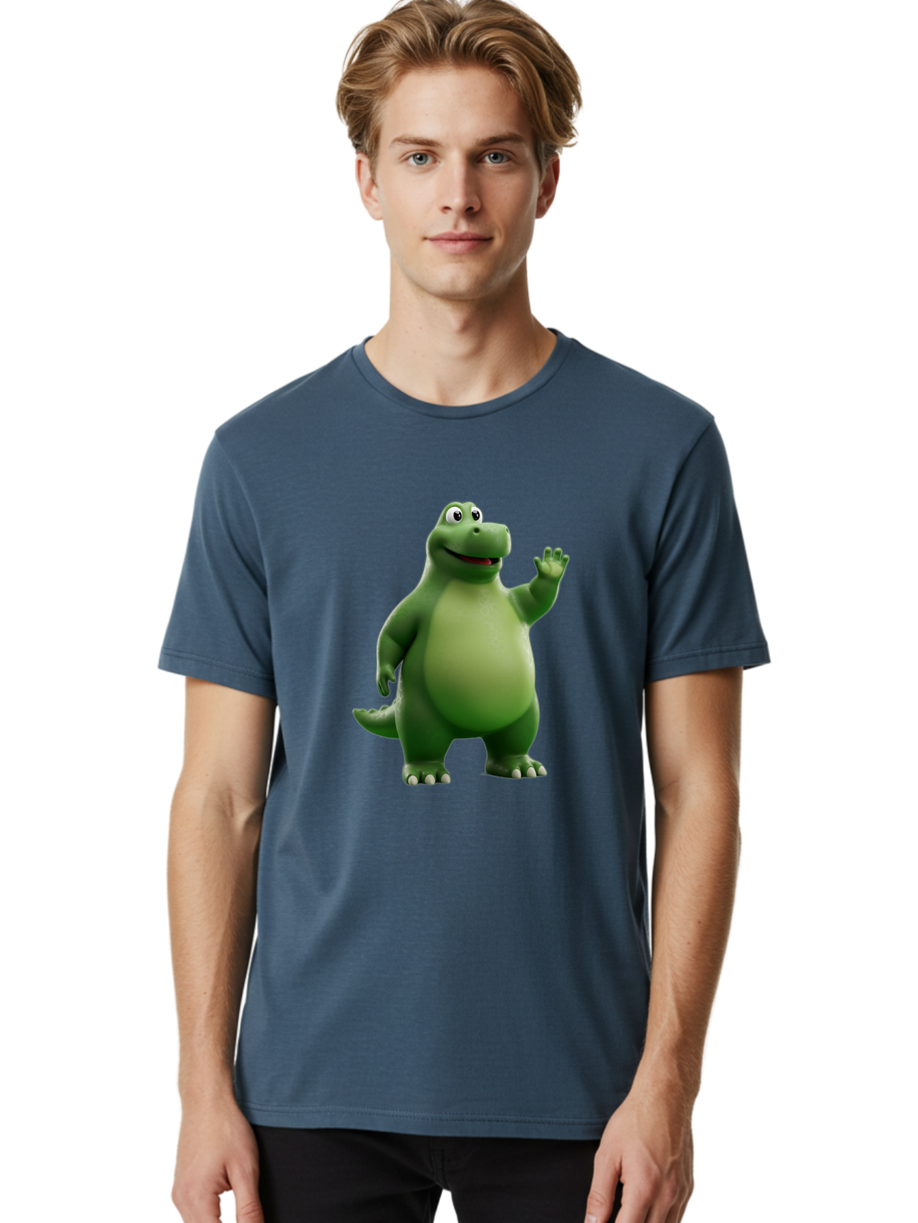 Friendly-Dinosaur Men'S Graphic Tee, 100% Cotton, Comfortable Casual Summer Wear, Machine Washable, Cartoon Dinosaur, Green Dinosaur Character, Friendly Dino, Animated Creature, Dinosaur Waving, Kids Cartoon Character, Dinosaur Illustration, Bae454