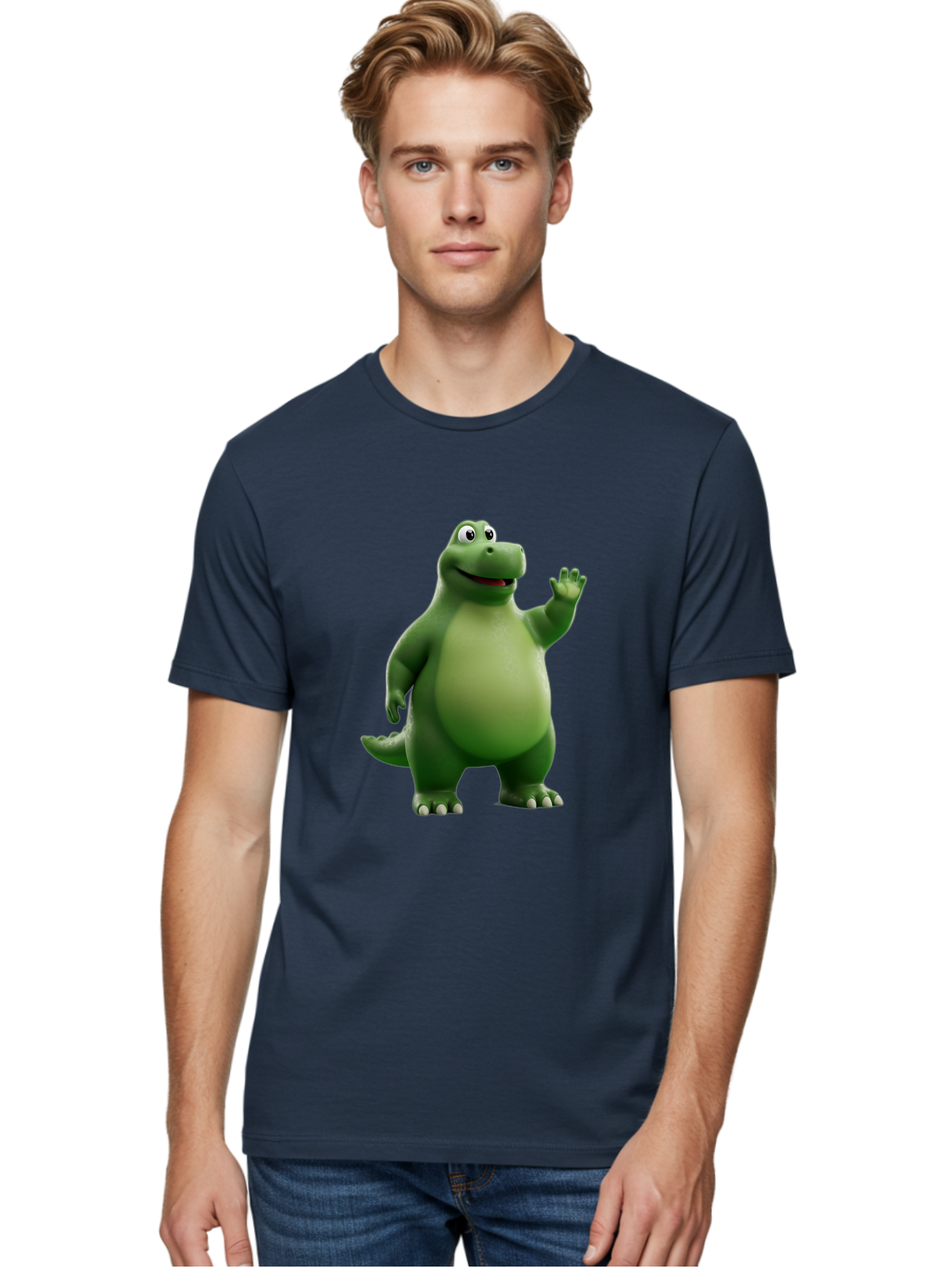 Friendly-Dinosaur Men'S Graphic Tee, 100% Cotton, Comfortable Casual Summer Wear, Machine Washable, Cartoon Dinosaur, Green Dinosaur Character, Friendly Dino, Animated Creature, Dinosaur Waving, Kids Cartoon Character, Dinosaur Illustration, Bae454