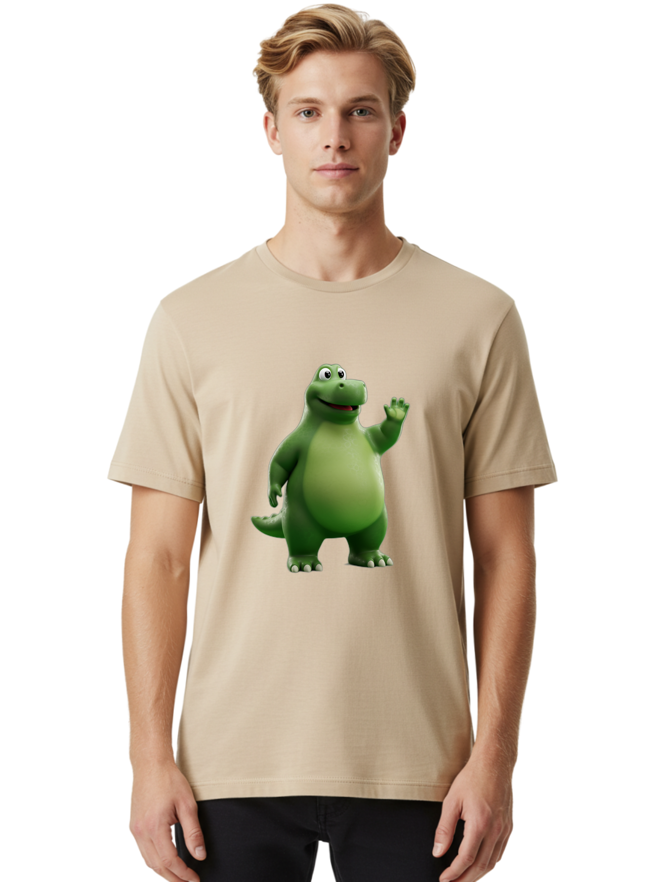 Friendly-Dinosaur Men'S Graphic Tee, 100% Cotton, Comfortable Casual Summer Wear, Machine Washable, Cartoon Dinosaur, Green Dinosaur Character, Friendly Dino, Animated Creature, Dinosaur Waving, Kids Cartoon Character, Dinosaur Illustration, Bae454