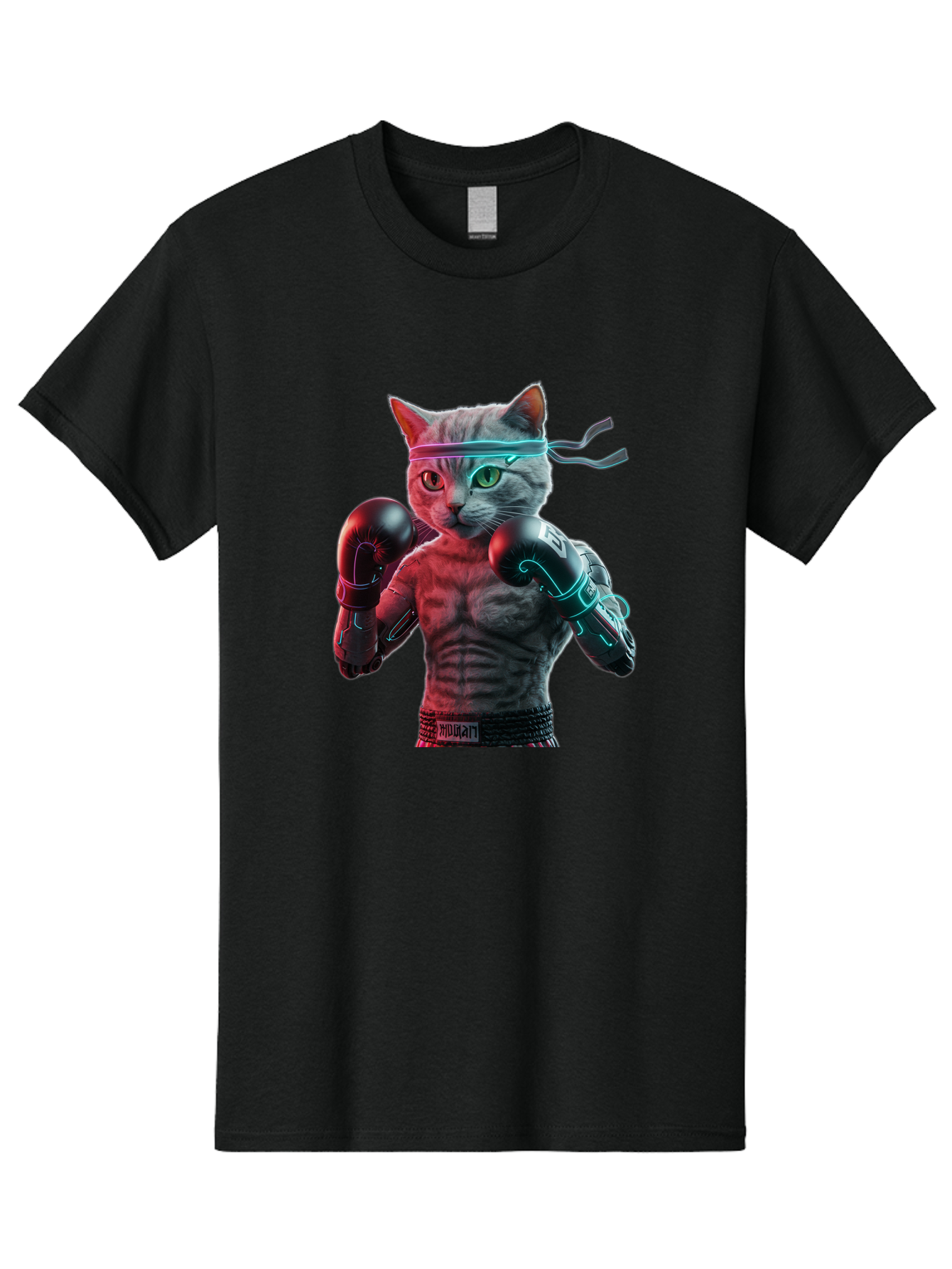 Futuristic-Cat-Boxer Men'S Graphic Tee, 100% Cotton, Comfortable Casual Summer Wear, Machine Washable, Cat Wearing Boxing Gloves, Futuristic Cat, Muscular Body, Cyberpunk Style, Neon Lights, Athletic Pose, Fighting Stance, Boxing Cat Bae455