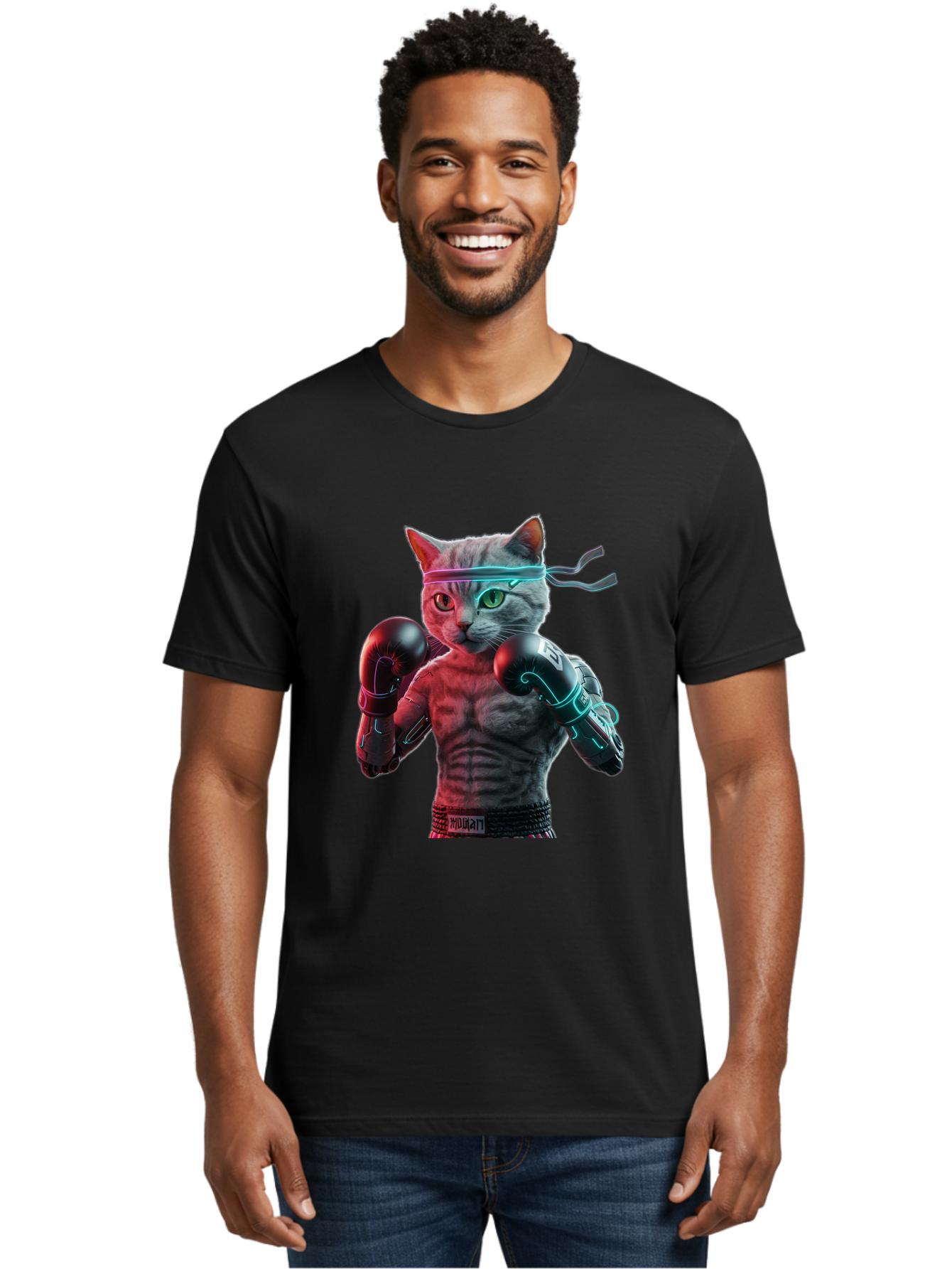 Futuristic-Cat-Boxer Men'S Graphic Tee, 100% Cotton, Comfortable Casual Summer Wear, Machine Washable, Cat Wearing Boxing Gloves, Futuristic Cat, Muscular Body, Cyberpunk Style, Neon Lights, Athletic Pose, Fighting Stance, Boxing Cat Bae455