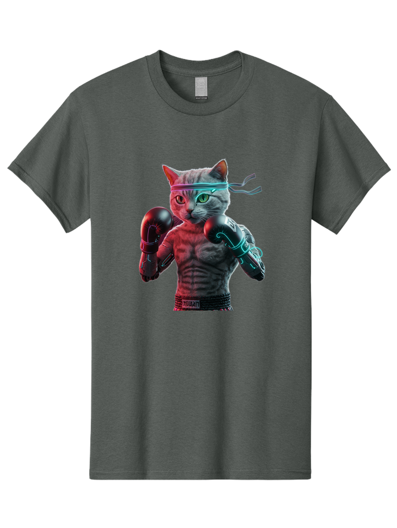 Futuristic-Cat-Boxer Men'S Graphic Tee, 100% Cotton, Comfortable Casual Summer Wear, Machine Washable, Cat Wearing Boxing Gloves, Futuristic Cat, Muscular Body, Cyberpunk Style, Neon Lights, Athletic Pose, Fighting Stance, Boxing Cat Bae455