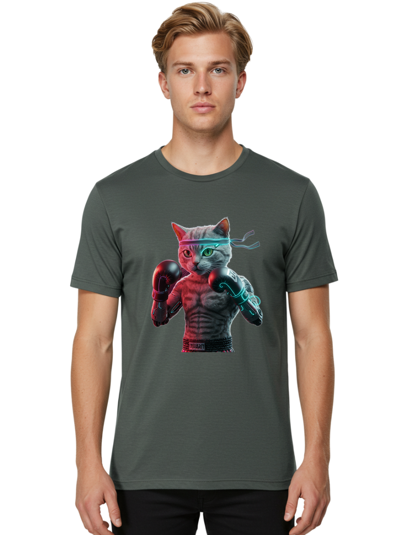 Futuristic-Cat-Boxer Men'S Graphic Tee, 100% Cotton, Comfortable Casual Summer Wear, Machine Washable, Cat Wearing Boxing Gloves, Futuristic Cat, Muscular Body, Cyberpunk Style, Neon Lights, Athletic Pose, Fighting Stance, Boxing Cat Bae455