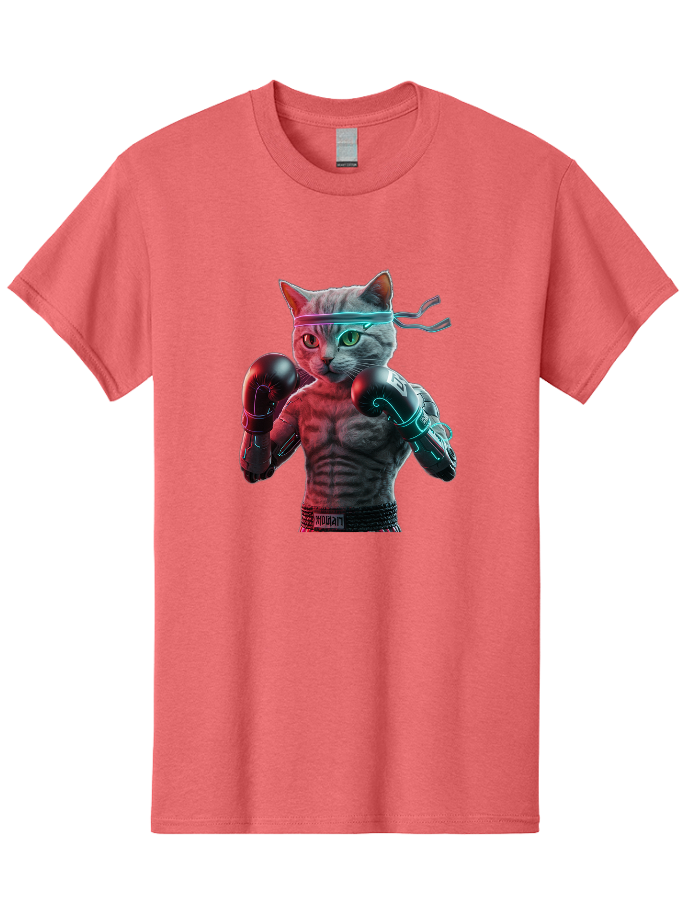 Futuristic-Cat-Boxer Men'S Graphic Tee, 100% Cotton, Comfortable Casual Summer Wear, Machine Washable, Cat Wearing Boxing Gloves, Futuristic Cat, Muscular Body, Cyberpunk Style, Neon Lights, Athletic Pose, Fighting Stance, Boxing Cat Bae455
