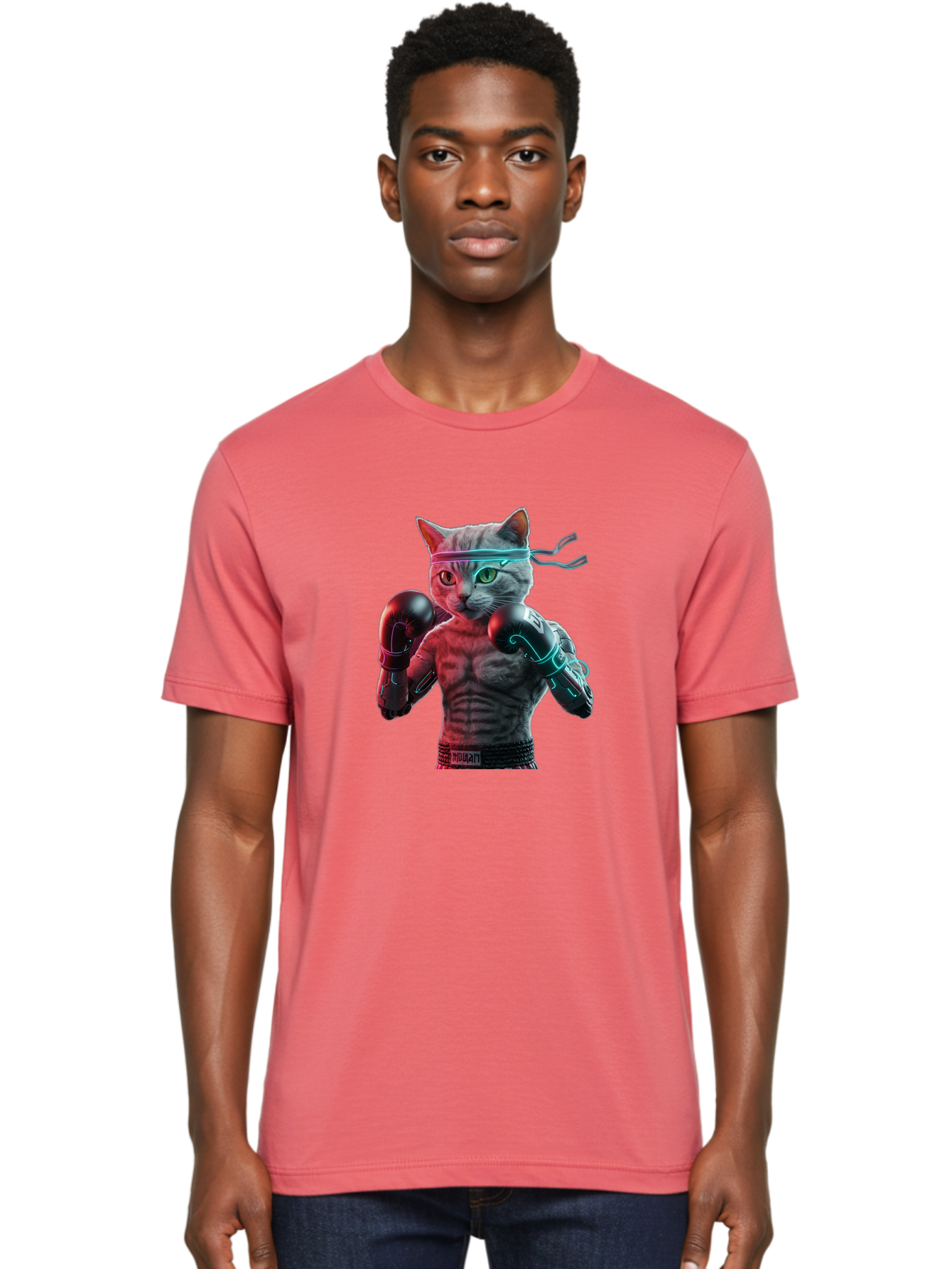 Futuristic-Cat-Boxer Men'S Graphic Tee, 100% Cotton, Comfortable Casual Summer Wear, Machine Washable, Cat Wearing Boxing Gloves, Futuristic Cat, Muscular Body, Cyberpunk Style, Neon Lights, Athletic Pose, Fighting Stance, Boxing Cat Bae455
