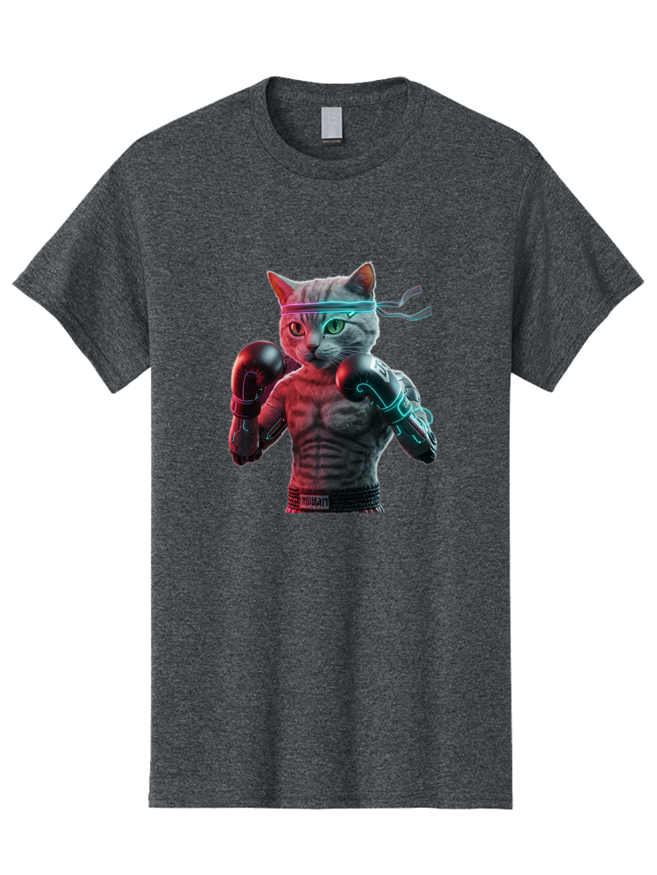 Futuristic-Cat-Boxer Men'S Graphic Tee, 100% Cotton, Comfortable Casual Summer Wear, Machine Washable, Cat Wearing Boxing Gloves, Futuristic Cat, Muscular Body, Cyberpunk Style, Neon Lights, Athletic Pose, Fighting Stance, Boxing Cat Bae455