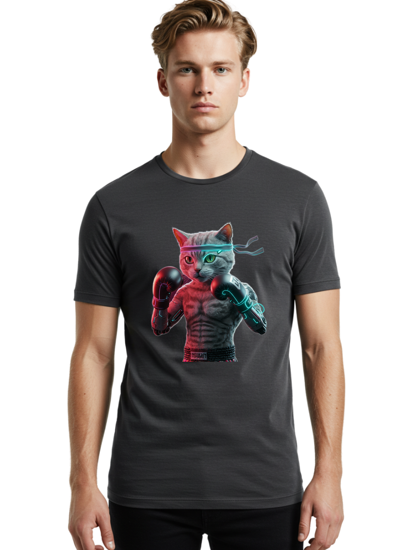 Futuristic-Cat-Boxer Men'S Graphic Tee, 100% Cotton, Comfortable Casual Summer Wear, Machine Washable, Cat Wearing Boxing Gloves, Futuristic Cat, Muscular Body, Cyberpunk Style, Neon Lights, Athletic Pose, Fighting Stance, Boxing Cat Bae455