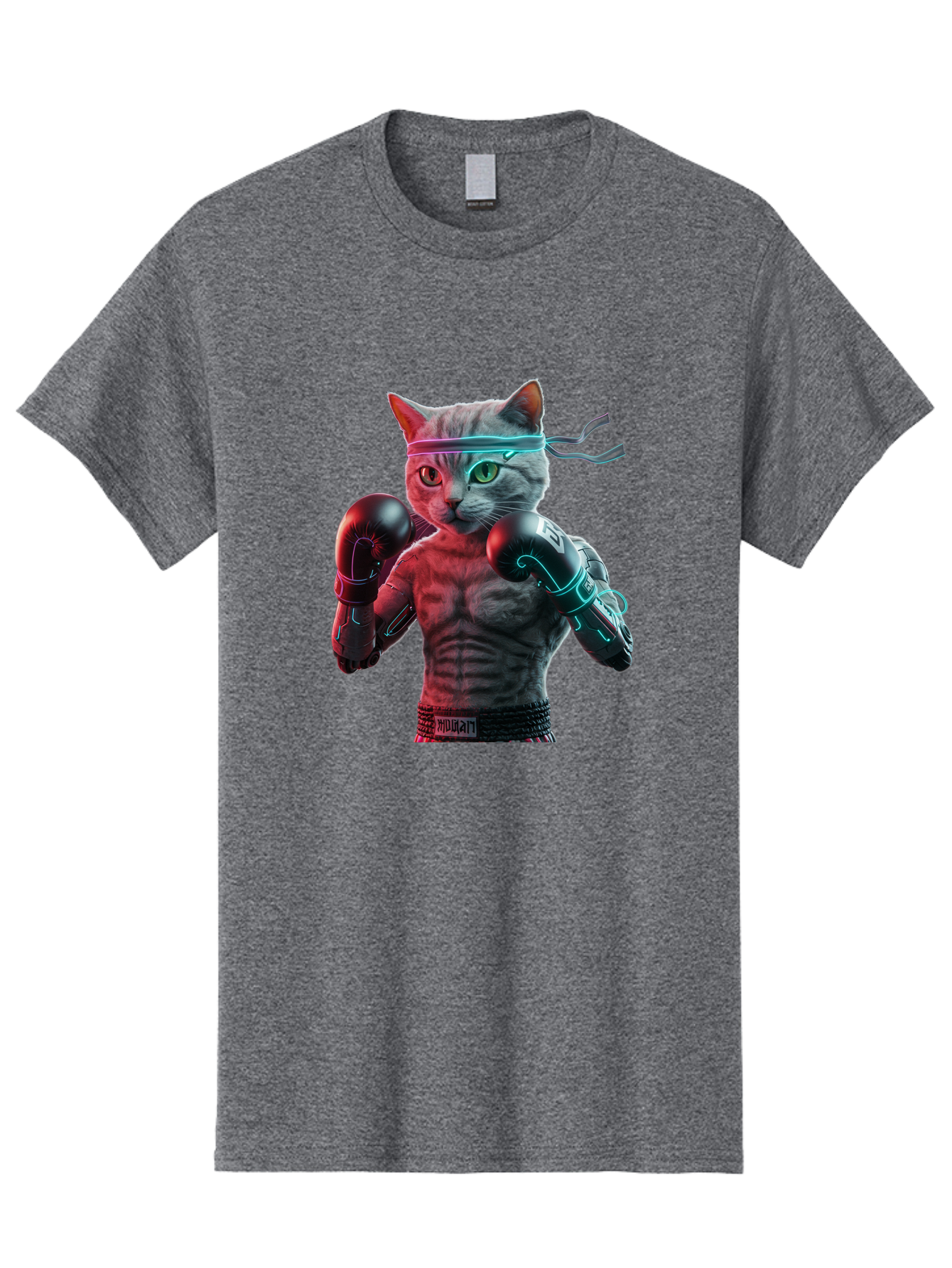 Futuristic-Cat-Boxer Men'S Graphic Tee, 100% Cotton, Comfortable Casual Summer Wear, Machine Washable, Cat Wearing Boxing Gloves, Futuristic Cat, Muscular Body, Cyberpunk Style, Neon Lights, Athletic Pose, Fighting Stance, Boxing Cat Bae455