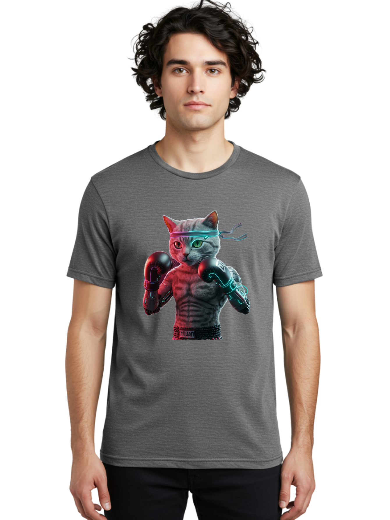 Futuristic-Cat-Boxer Men'S Graphic Tee, 100% Cotton, Comfortable Casual Summer Wear, Machine Washable, Cat Wearing Boxing Gloves, Futuristic Cat, Muscular Body, Cyberpunk Style, Neon Lights, Athletic Pose, Fighting Stance, Boxing Cat Bae455
