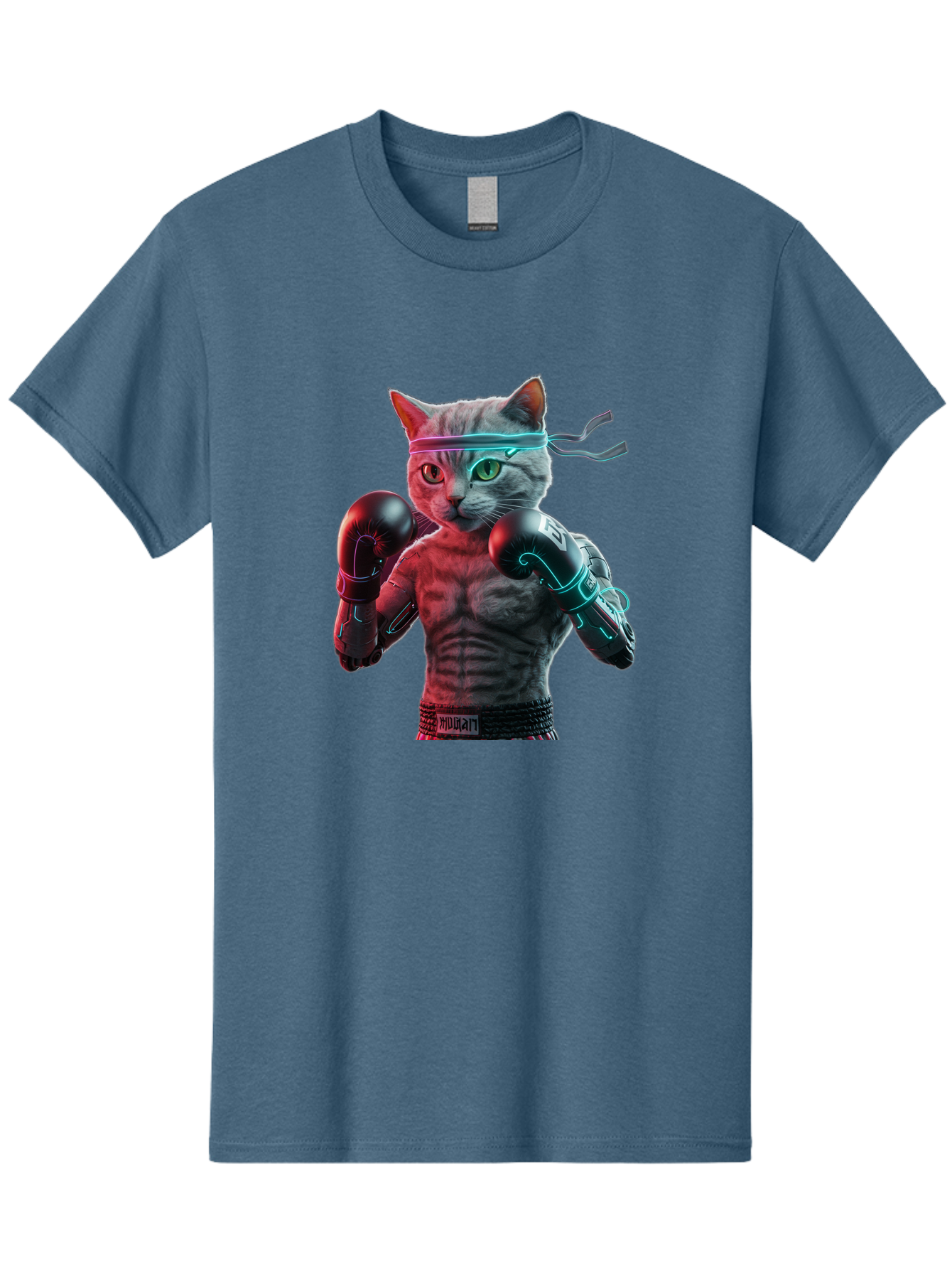 Futuristic-Cat-Boxer Men'S Graphic Tee, 100% Cotton, Comfortable Casual Summer Wear, Machine Washable, Cat Wearing Boxing Gloves, Futuristic Cat, Muscular Body, Cyberpunk Style, Neon Lights, Athletic Pose, Fighting Stance, Boxing Cat Bae455