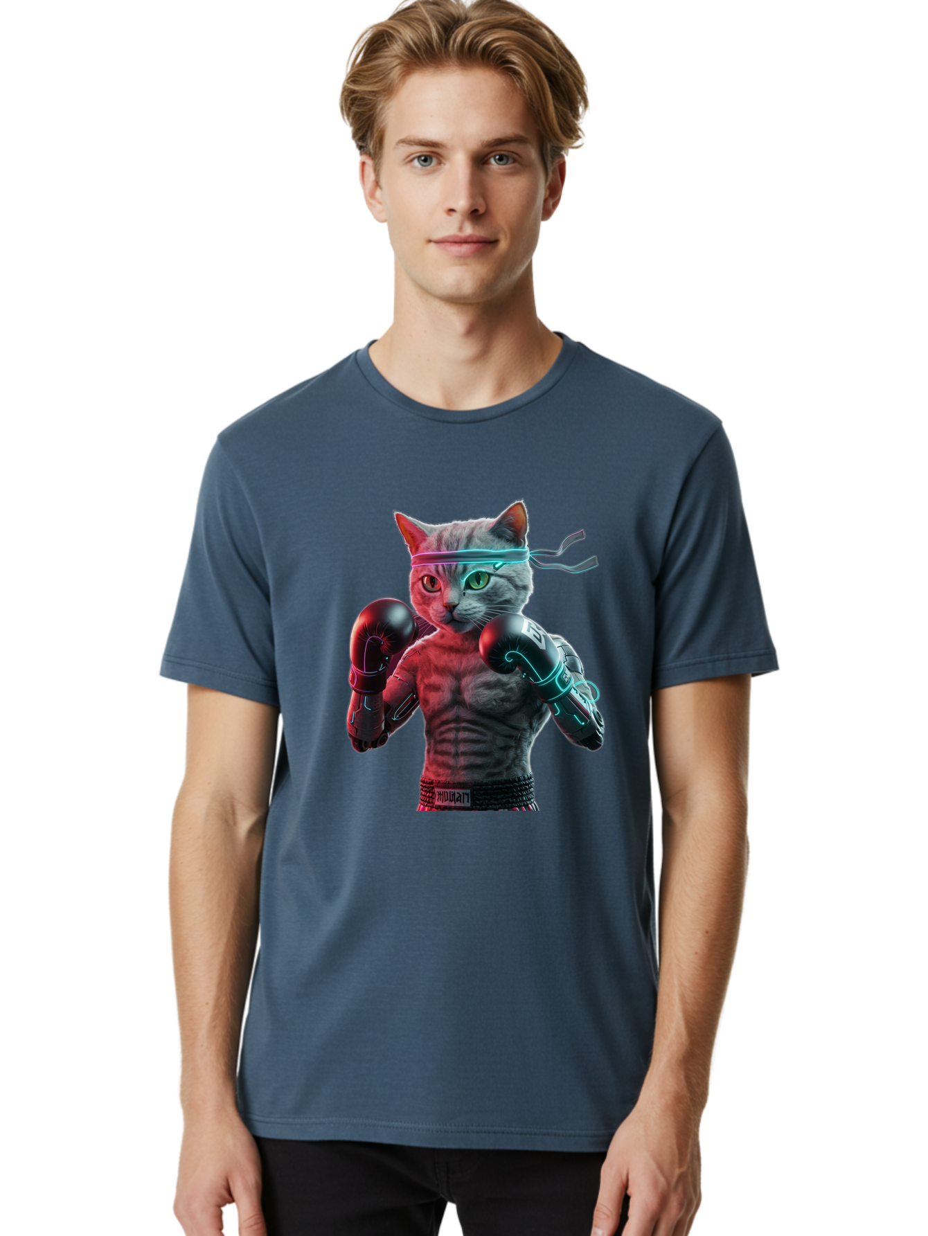 Futuristic-Cat-Boxer Men'S Graphic Tee, 100% Cotton, Comfortable Casual Summer Wear, Machine Washable, Cat Wearing Boxing Gloves, Futuristic Cat, Muscular Body, Cyberpunk Style, Neon Lights, Athletic Pose, Fighting Stance, Boxing Cat Bae455