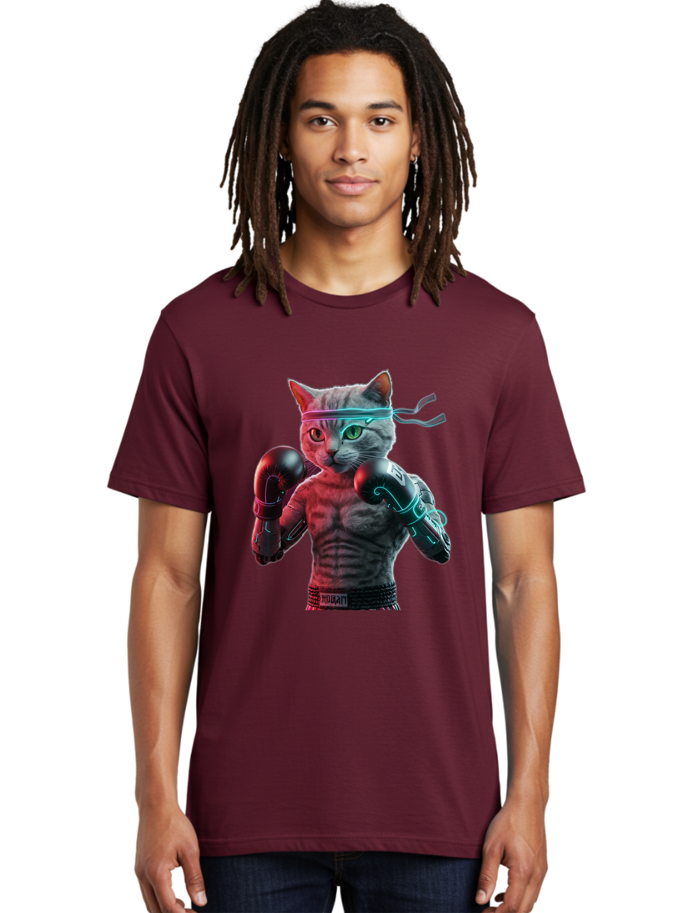 Futuristic-Cat-Boxer Men'S Graphic Tee, 100% Cotton, Comfortable Casual Summer Wear, Machine Washable, Cat Wearing Boxing Gloves, Futuristic Cat, Muscular Body, Cyberpunk Style, Neon Lights, Athletic Pose, Fighting Stance, Boxing Cat Bae455