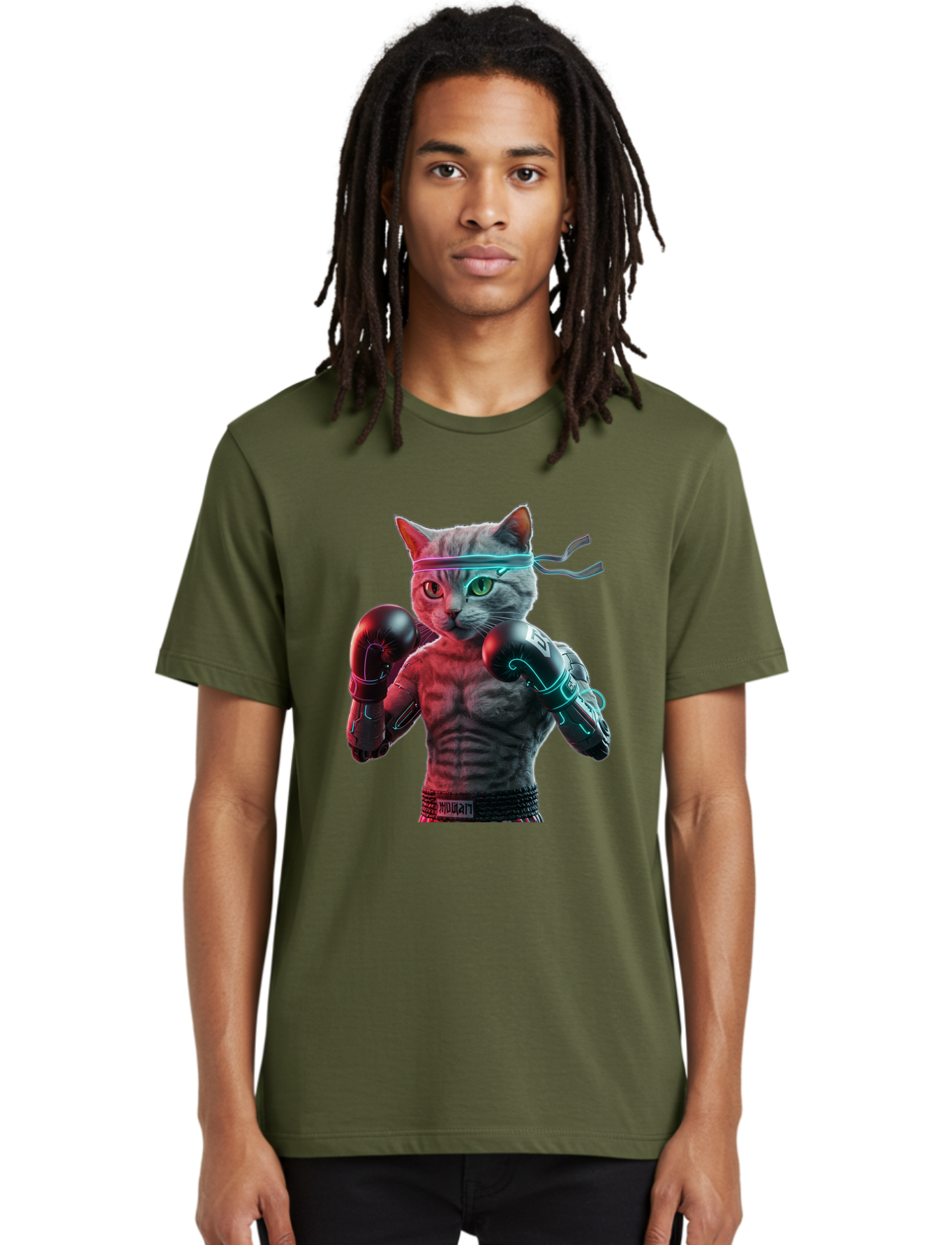 Futuristic-Cat-Boxer Men'S Graphic Tee, 100% Cotton, Comfortable Casual Summer Wear, Machine Washable, Cat Wearing Boxing Gloves, Futuristic Cat, Muscular Body, Cyberpunk Style, Neon Lights, Athletic Pose, Fighting Stance, Boxing Cat Bae455