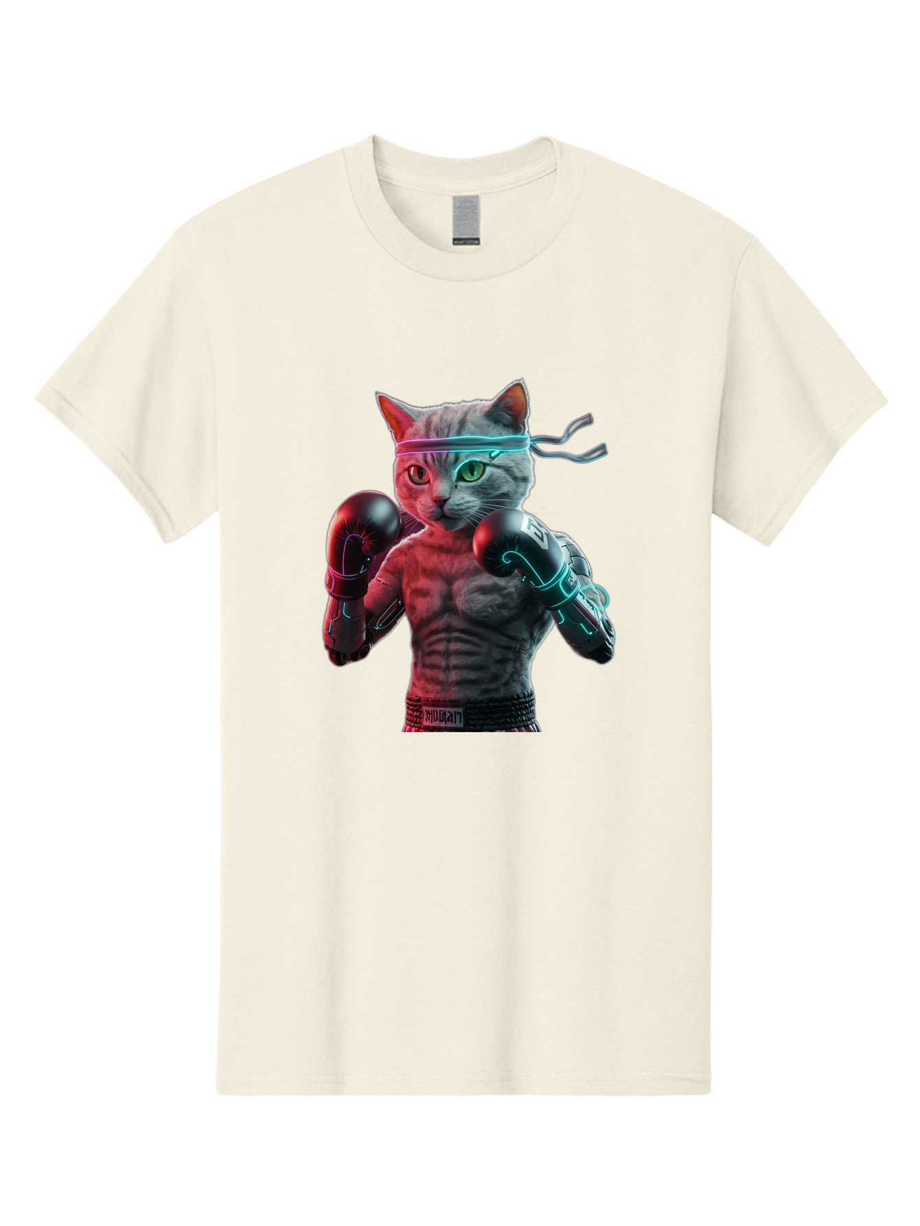 Futuristic-Cat-Boxer Men'S Graphic Tee, 100% Cotton, Comfortable Casual Summer Wear, Machine Washable, Cat Wearing Boxing Gloves, Futuristic Cat, Muscular Body, Cyberpunk Style, Neon Lights, Athletic Pose, Fighting Stance, Boxing Cat Bae455