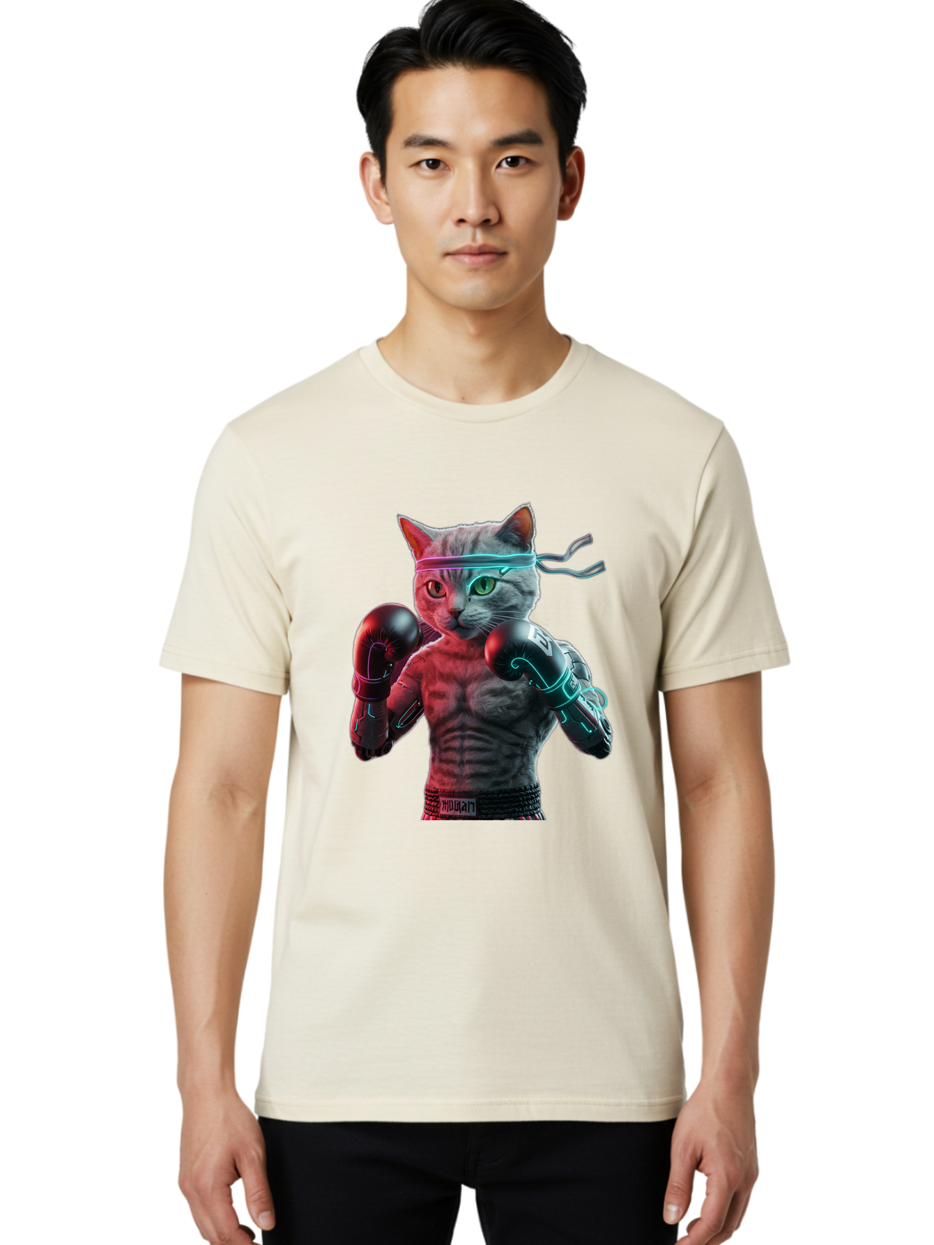 Futuristic-Cat-Boxer Men'S Graphic Tee, 100% Cotton, Comfortable Casual Summer Wear, Machine Washable, Cat Wearing Boxing Gloves, Futuristic Cat, Muscular Body, Cyberpunk Style, Neon Lights, Athletic Pose, Fighting Stance, Boxing Cat Bae455