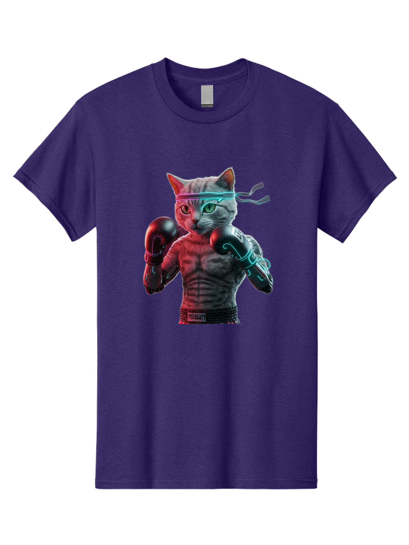 Futuristic-Cat-Boxer Men'S Graphic Tee, 100% Cotton, Comfortable Casual Summer Wear, Machine Washable, Cat Wearing Boxing Gloves, Futuristic Cat, Muscular Body, Cyberpunk Style, Neon Lights, Athletic Pose, Fighting Stance, Boxing Cat Bae455