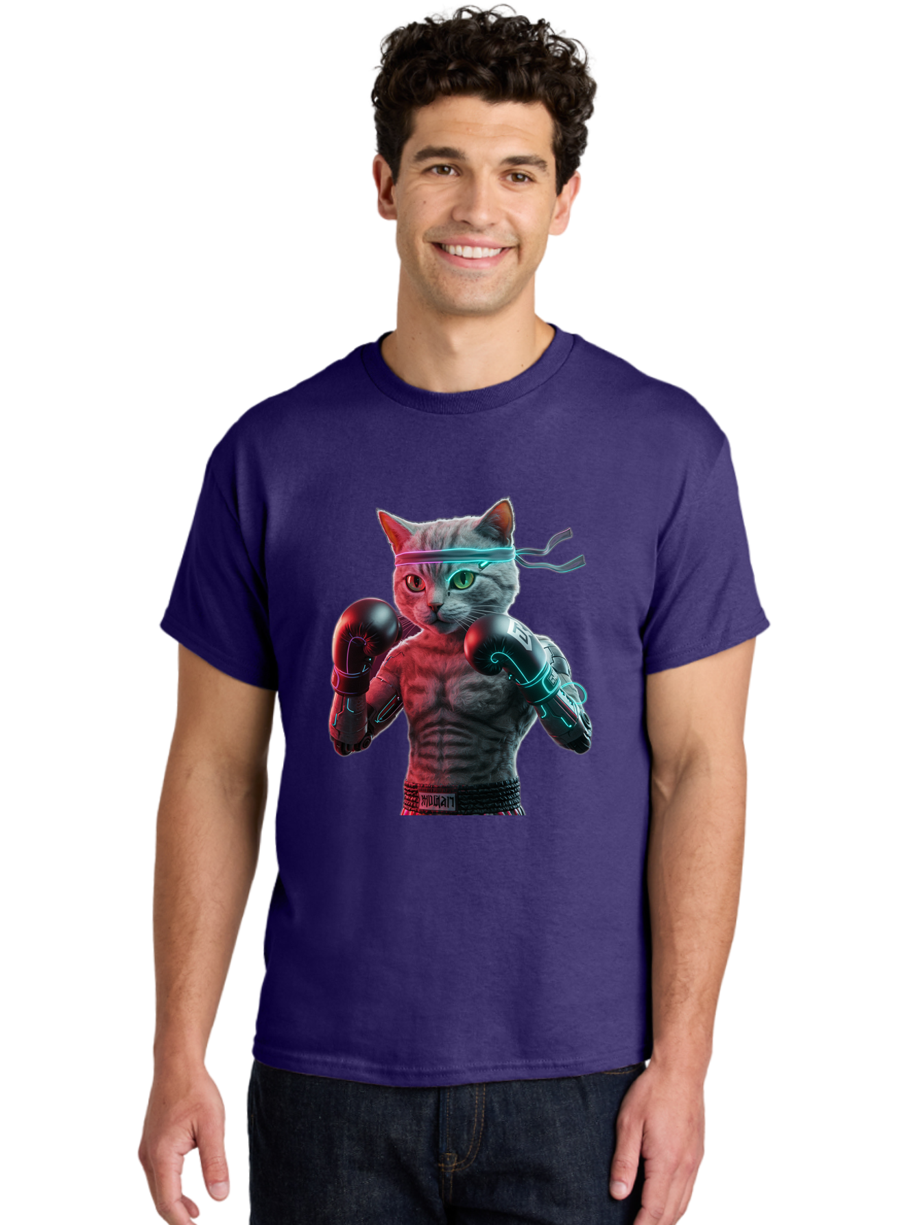 Futuristic-Cat-Boxer Men'S Graphic Tee, 100% Cotton, Comfortable Casual Summer Wear, Machine Washable, Cat Wearing Boxing Gloves, Futuristic Cat, Muscular Body, Cyberpunk Style, Neon Lights, Athletic Pose, Fighting Stance, Boxing Cat Bae455