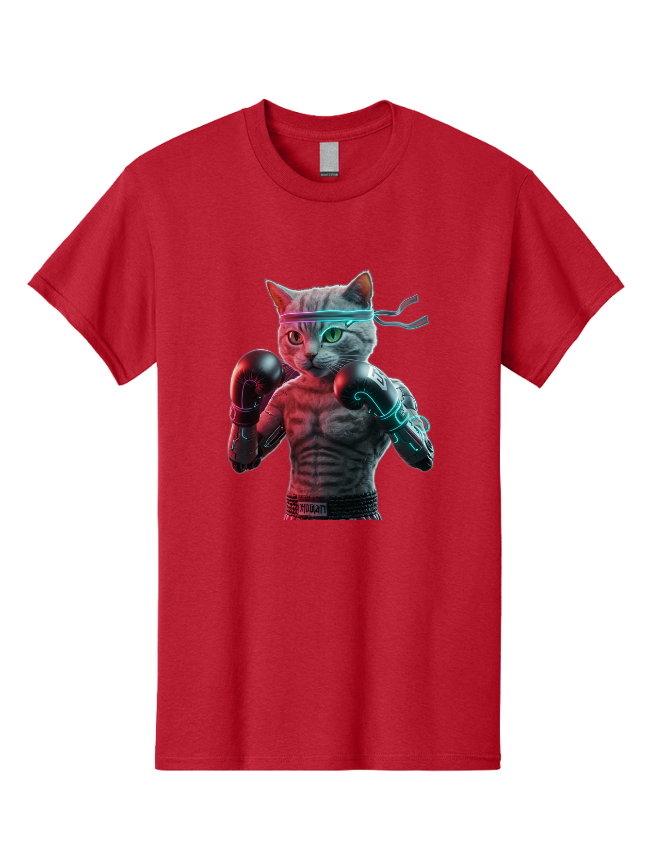 Futuristic-Cat-Boxer Men'S Graphic Tee, 100% Cotton, Comfortable Casual Summer Wear, Machine Washable, Cat Wearing Boxing Gloves, Futuristic Cat, Muscular Body, Cyberpunk Style, Neon Lights, Athletic Pose, Fighting Stance, Boxing Cat Bae455