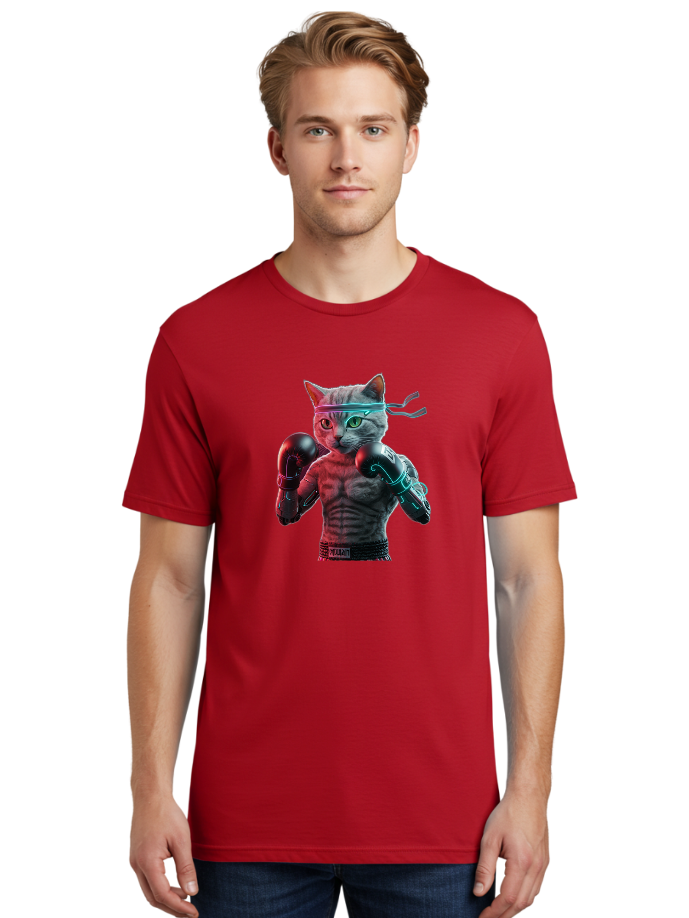 Futuristic-Cat-Boxer Men'S Graphic Tee, 100% Cotton, Comfortable Casual Summer Wear, Machine Washable, Cat Wearing Boxing Gloves, Futuristic Cat, Muscular Body, Cyberpunk Style, Neon Lights, Athletic Pose, Fighting Stance, Boxing Cat Bae455