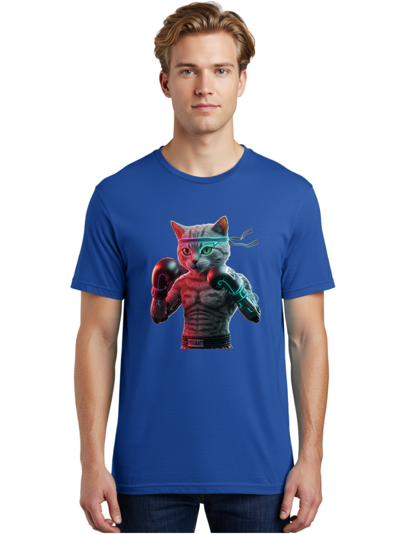 Futuristic-Cat-Boxer Men'S Graphic Tee, 100% Cotton, Comfortable Casual Summer Wear, Machine Washable, Cat Wearing Boxing Gloves, Futuristic Cat, Muscular Body, Cyberpunk Style, Neon Lights, Athletic Pose, Fighting Stance, Boxing Cat Bae455