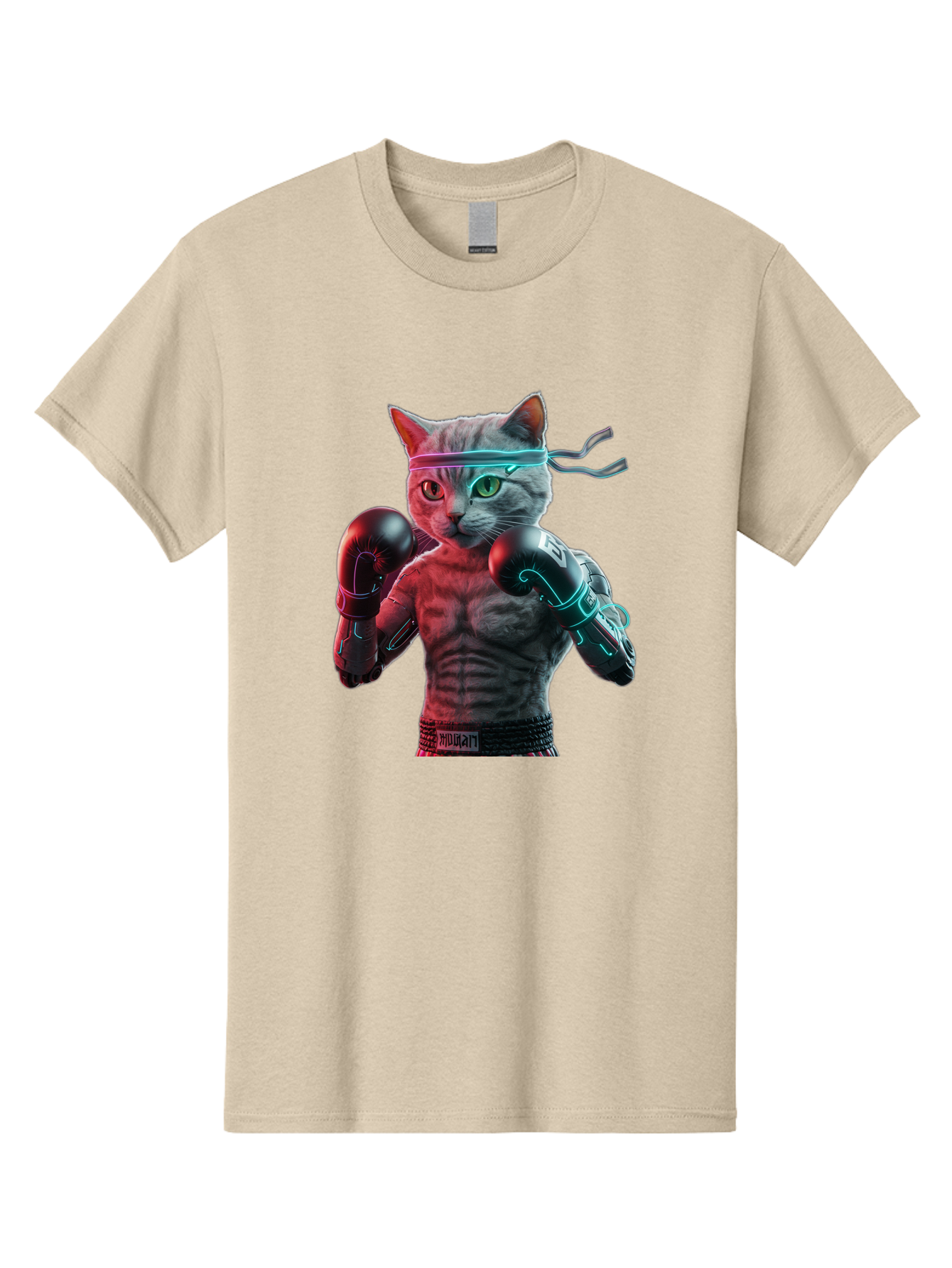 Futuristic-Cat-Boxer Men'S Graphic Tee, 100% Cotton, Comfortable Casual Summer Wear, Machine Washable, Cat Wearing Boxing Gloves, Futuristic Cat, Muscular Body, Cyberpunk Style, Neon Lights, Athletic Pose, Fighting Stance, Boxing Cat Bae455