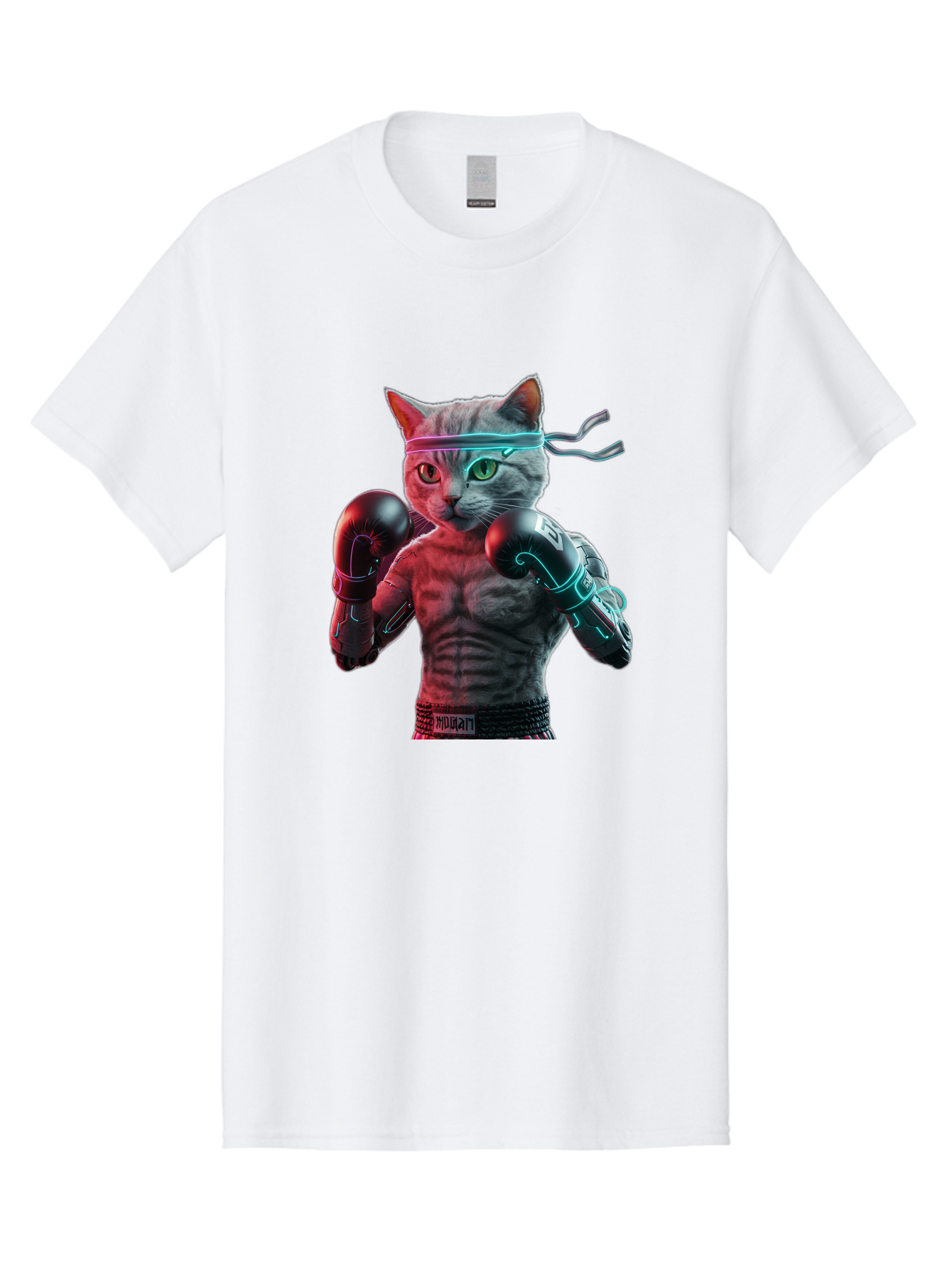 Futuristic-Cat-Boxer Men'S Graphic Tee, 100% Cotton, Comfortable Casual Summer Wear, Machine Washable, Cat Wearing Boxing Gloves, Futuristic Cat, Muscular Body, Cyberpunk Style, Neon Lights, Athletic Pose, Fighting Stance, Boxing Cat Bae455