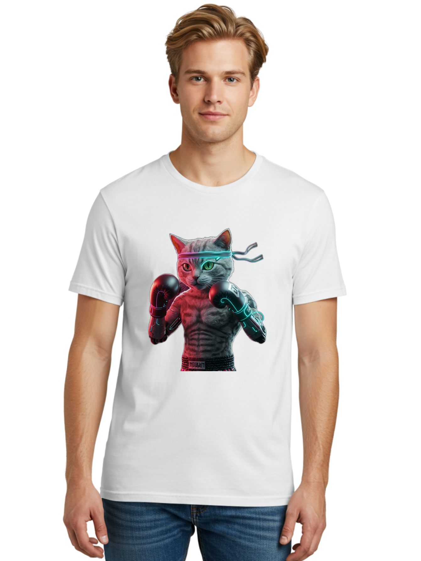 Futuristic-Cat-Boxer Men'S Graphic Tee, 100% Cotton, Comfortable Casual Summer Wear, Machine Washable, Cat Wearing Boxing Gloves, Futuristic Cat, Muscular Body, Cyberpunk Style, Neon Lights, Athletic Pose, Fighting Stance, Boxing Cat Bae455