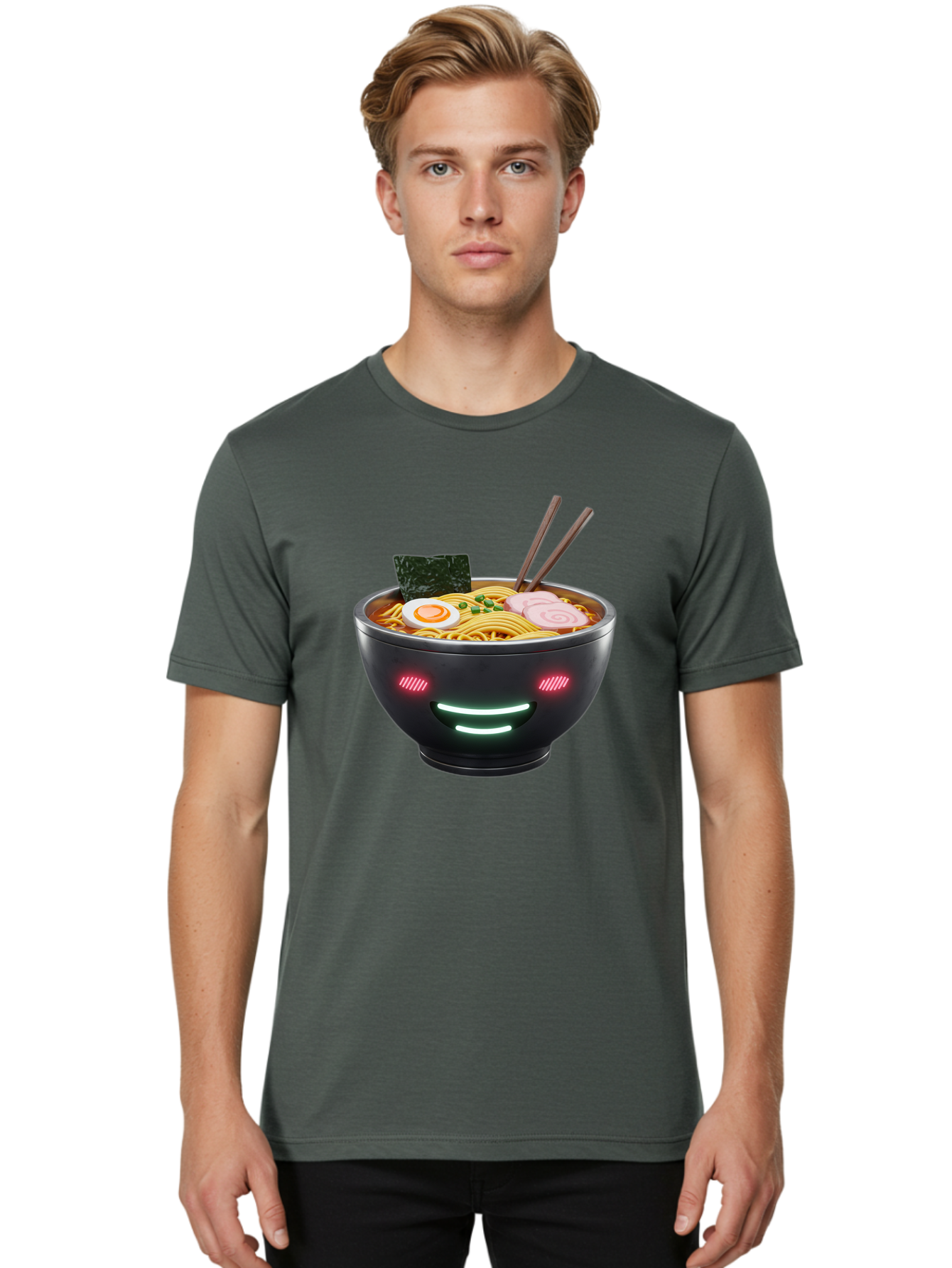 Glowing-Ramen Men'S Graphic Tee, 100% Cotton, Comfortable Casual Summer Wear, Machine Washable, Bowl Of Ramen, Steaming Hot Noodles, Sliced Pork, Boiled Egg, Seaweed, Chopsticks, Glowing Eyes, Futuristic Bowl, Cyberpunk Food, Neon Lights, Bae456