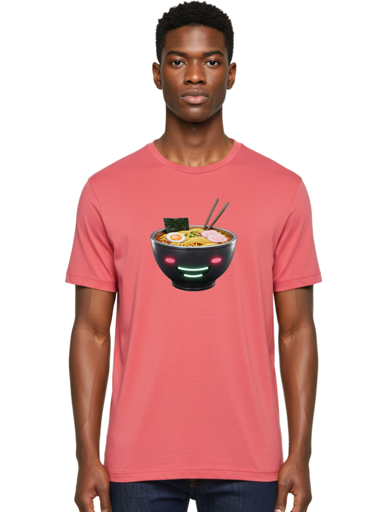 Glowing-Ramen Men'S Graphic Tee, 100% Cotton, Comfortable Casual Summer Wear, Machine Washable, Bowl Of Ramen, Steaming Hot Noodles, Sliced Pork, Boiled Egg, Seaweed, Chopsticks, Glowing Eyes, Futuristic Bowl, Cyberpunk Food, Neon Lights, Bae456