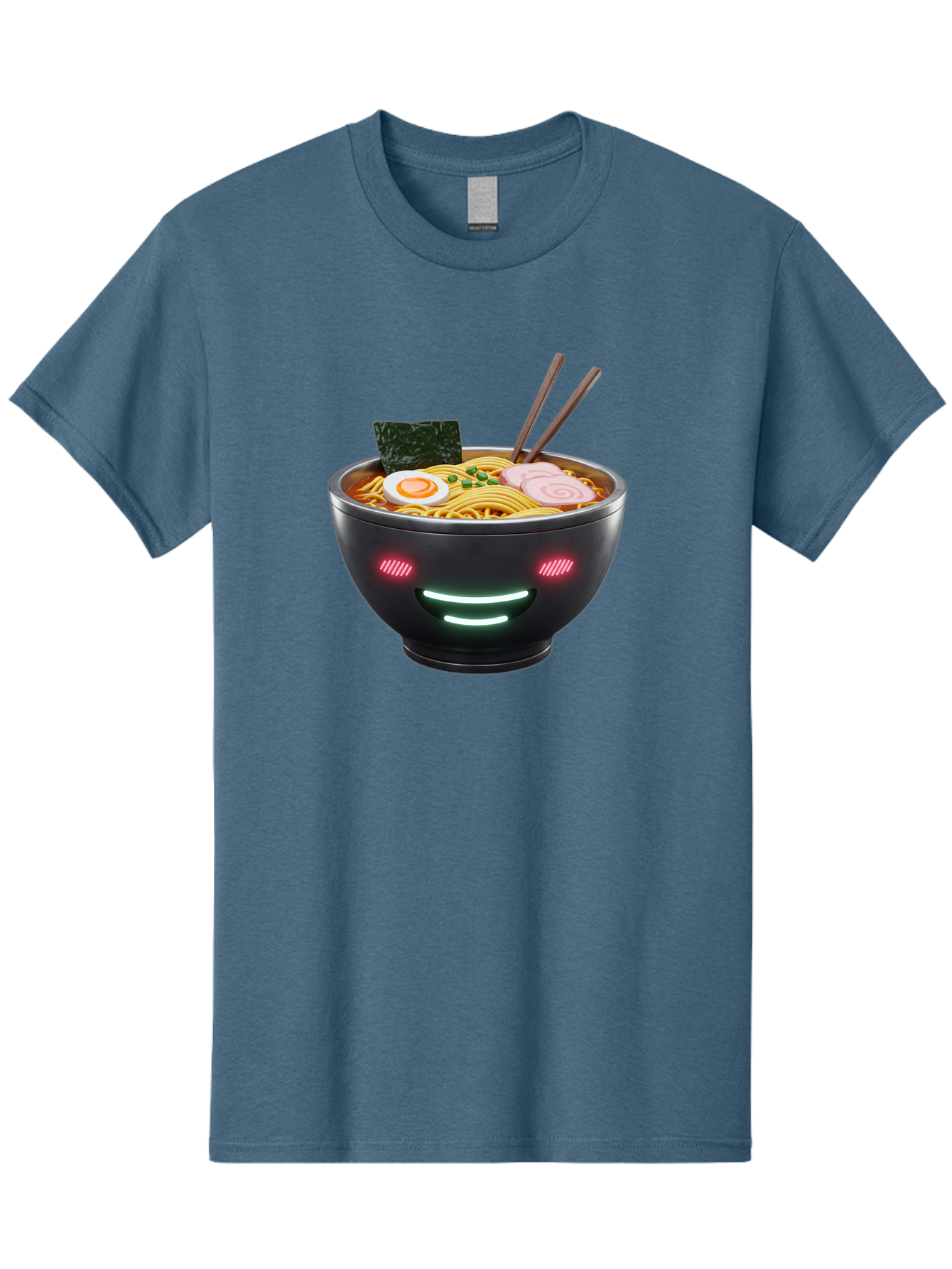Glowing-Ramen Men'S Graphic Tee, 100% Cotton, Comfortable Casual Summer Wear, Machine Washable, Bowl Of Ramen, Steaming Hot Noodles, Sliced Pork, Boiled Egg, Seaweed, Chopsticks, Glowing Eyes, Futuristic Bowl, Cyberpunk Food, Neon Lights, Bae456